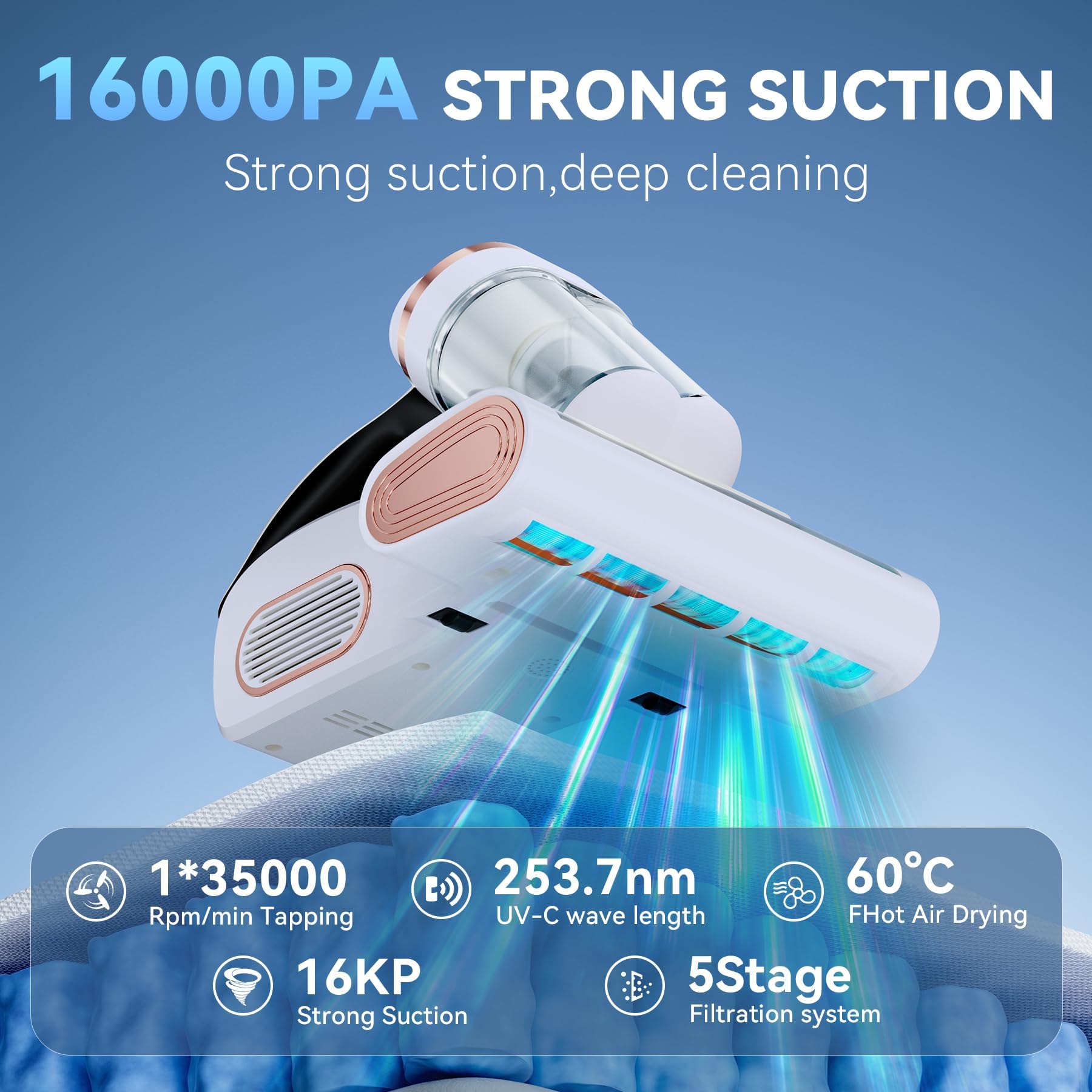 Aspiradora Antiacaros, 16Kpa Aspiradora Antiácaros con Luz UV, Elimina el 99,9% de los Alérgenos, para Colchones, Camas, Sofás y Muebles Tapizados