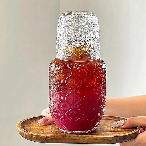 Miniatura 8 de Juego de jarra de agua vintage para mesilla de noche de dormitorio, jarra de agua para mesita de noche, jarra de enjuague bucal de vidrio rayado