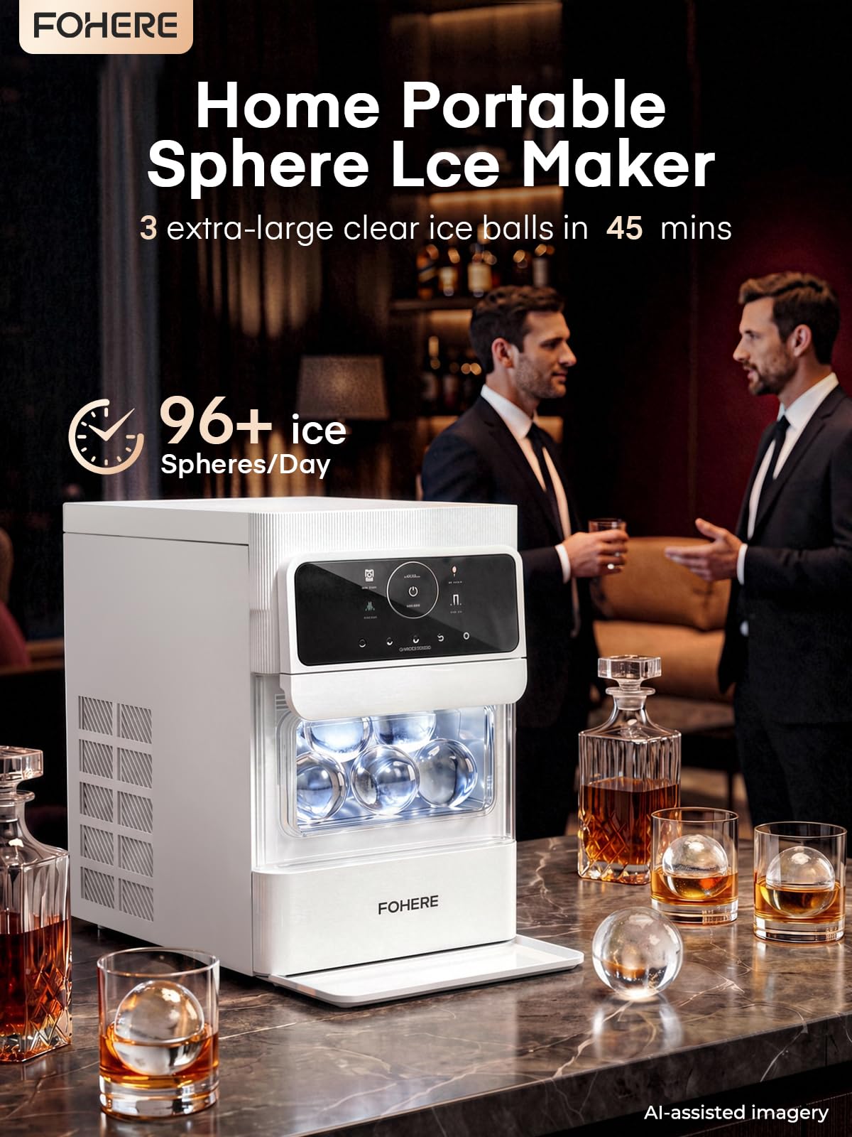 Máquina de Hielo en Esferas, 3 Pzas Esferas de Hielo Extra Grandes de 2.5" Transparentes y sin Grietas en 45 Min, Panel Táctil LCD & Autolimpieza para Cóctel Whiskey Bourbon