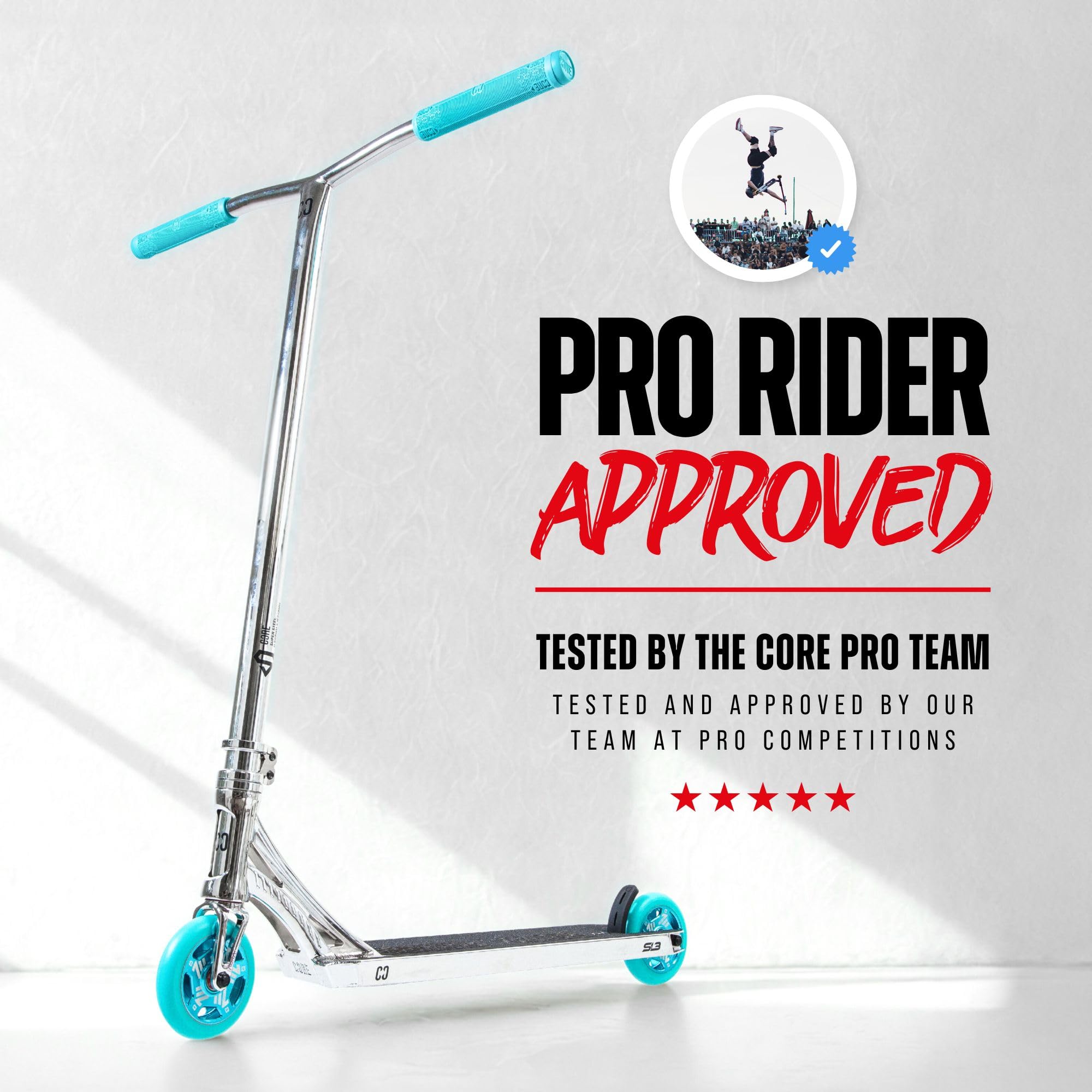 CORE SL3 Trottinette complète – Trottinette professionnelle pour tous les âges – Trottinette Pro pour enfants et adultes – Prêt à rouler – Chrome/bleu sarcelle