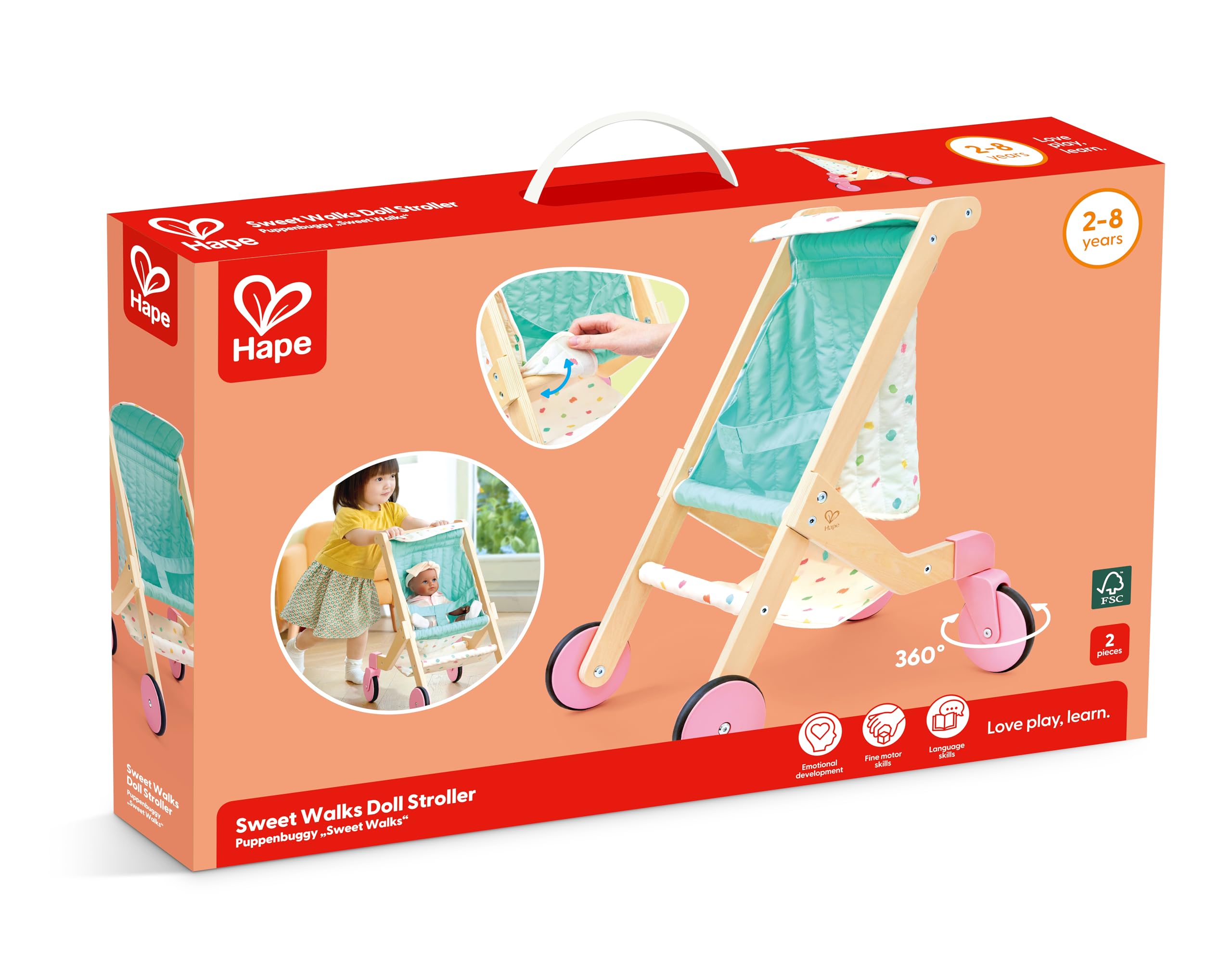 Hape Passeggino per bambole "Sweet Walks" in legno – Passeggino per bambole – Robusto carrello scorrevole con rivestimento in tessuto – Carrello giocattolo per bambole e orsacchiotti – per bambini dai