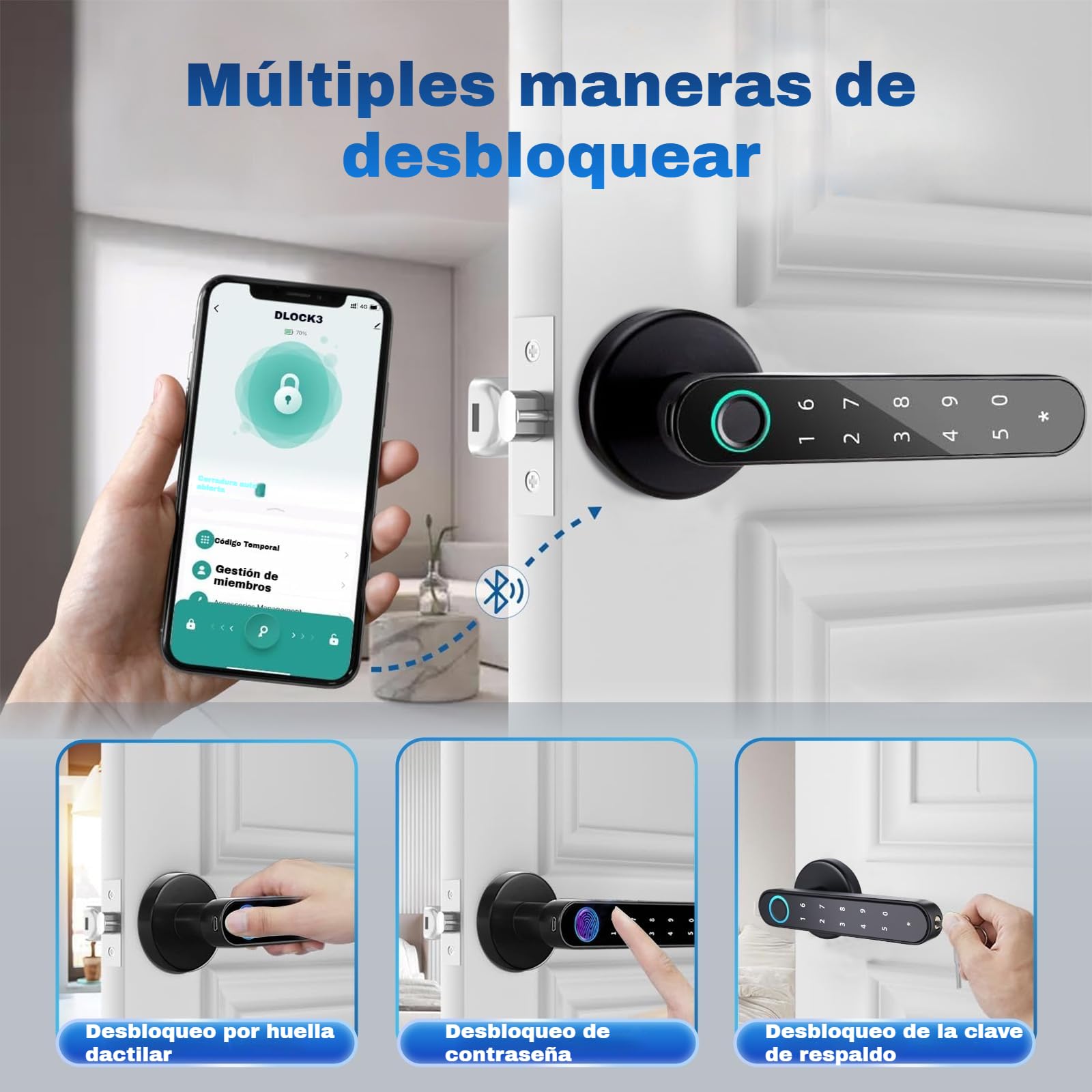 Cerradura Inteligente de Huellas Dactilares,6 en 1 Cerradura Electronica,Tuya App,IC Card, NFC, Huellas Dactilares,Contraseña Digital,Llave Mecánica