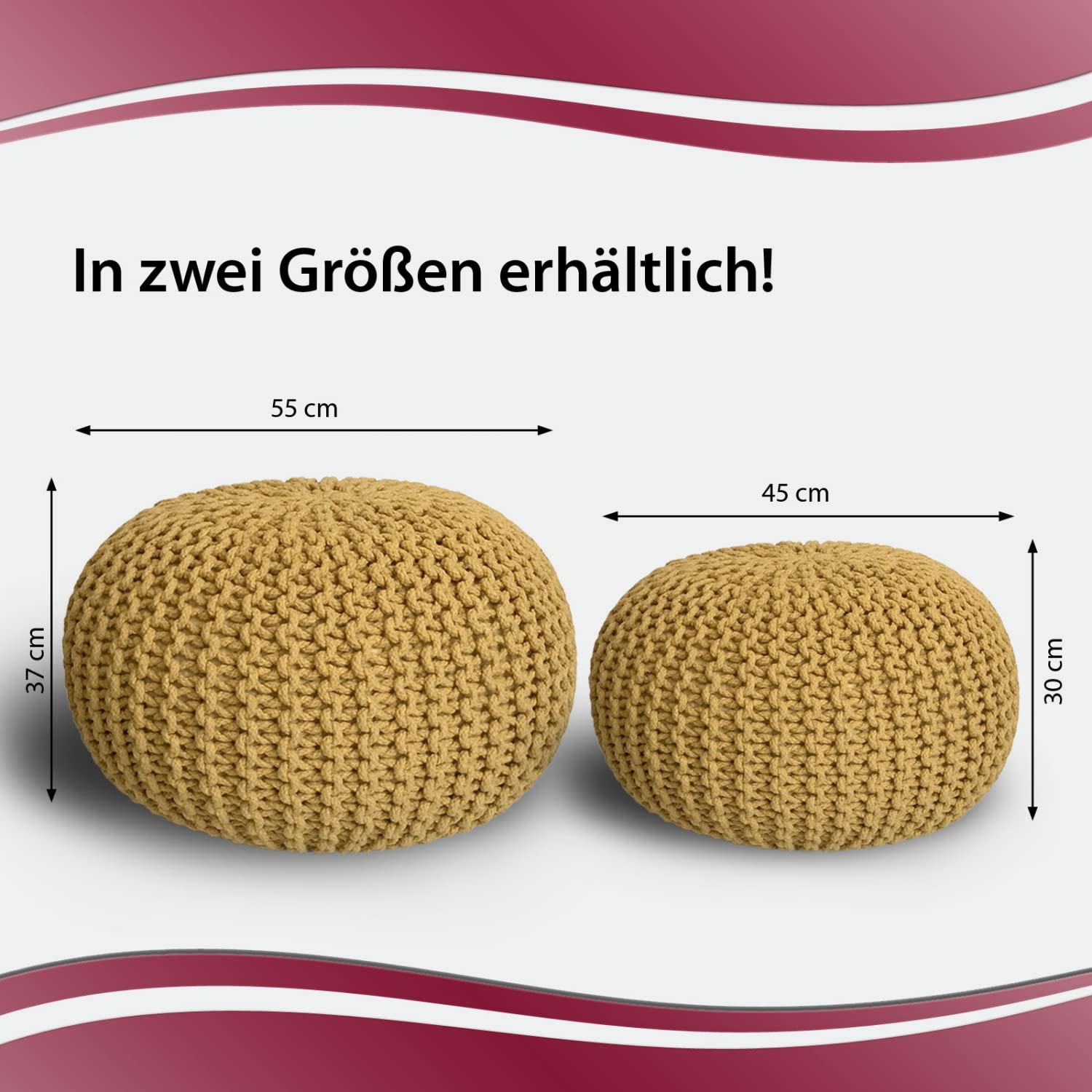 Casamia Pouf Ø 55 Pouf a maglia, 45 cm, per interni, diametro 55 cm, colore giallo