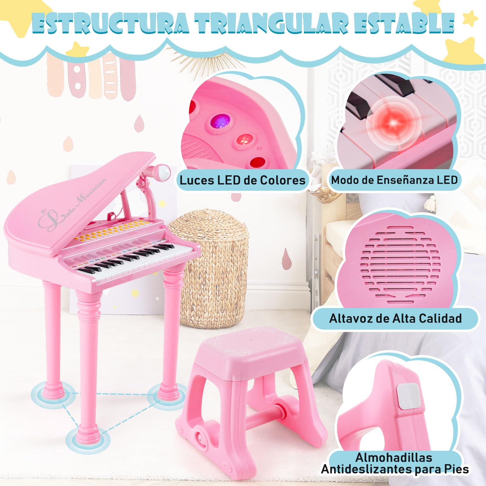 COSTWAY Piano Electrónico para Niños de 31 Teclas con Taburete, Teclado Piano Infantil de Multifunción Portátil con Micrófono, LED Modo de Enseñanza, Función de Grabación y Reproducción (Rosa)