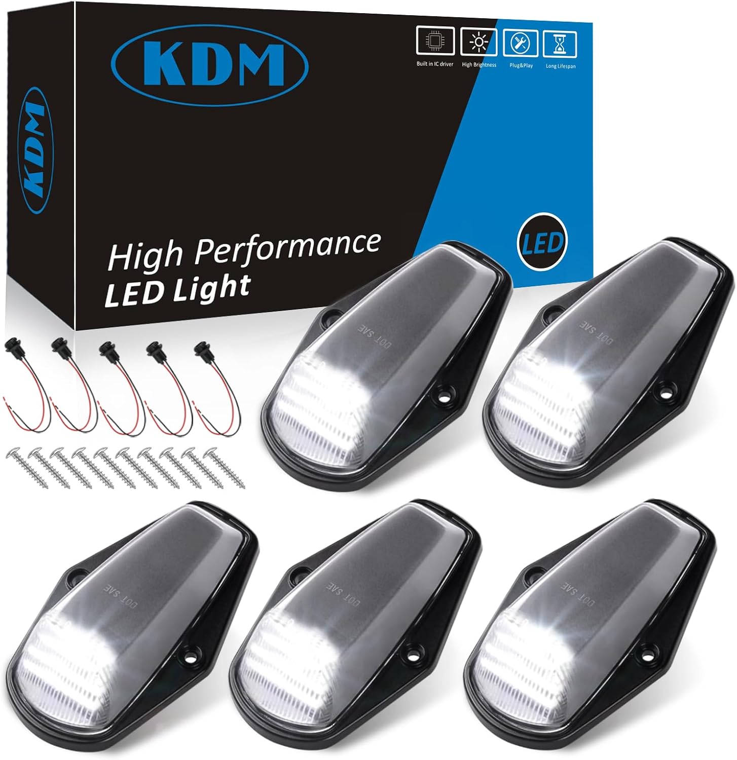 KDM Clear Lens Led Cab Roof Top Marker Lights assembly Fit for 1973-1997 Ford F150 F250 F350 F450 Super Duty,Mounted Running Clearance Bright White,5Pcs Pack