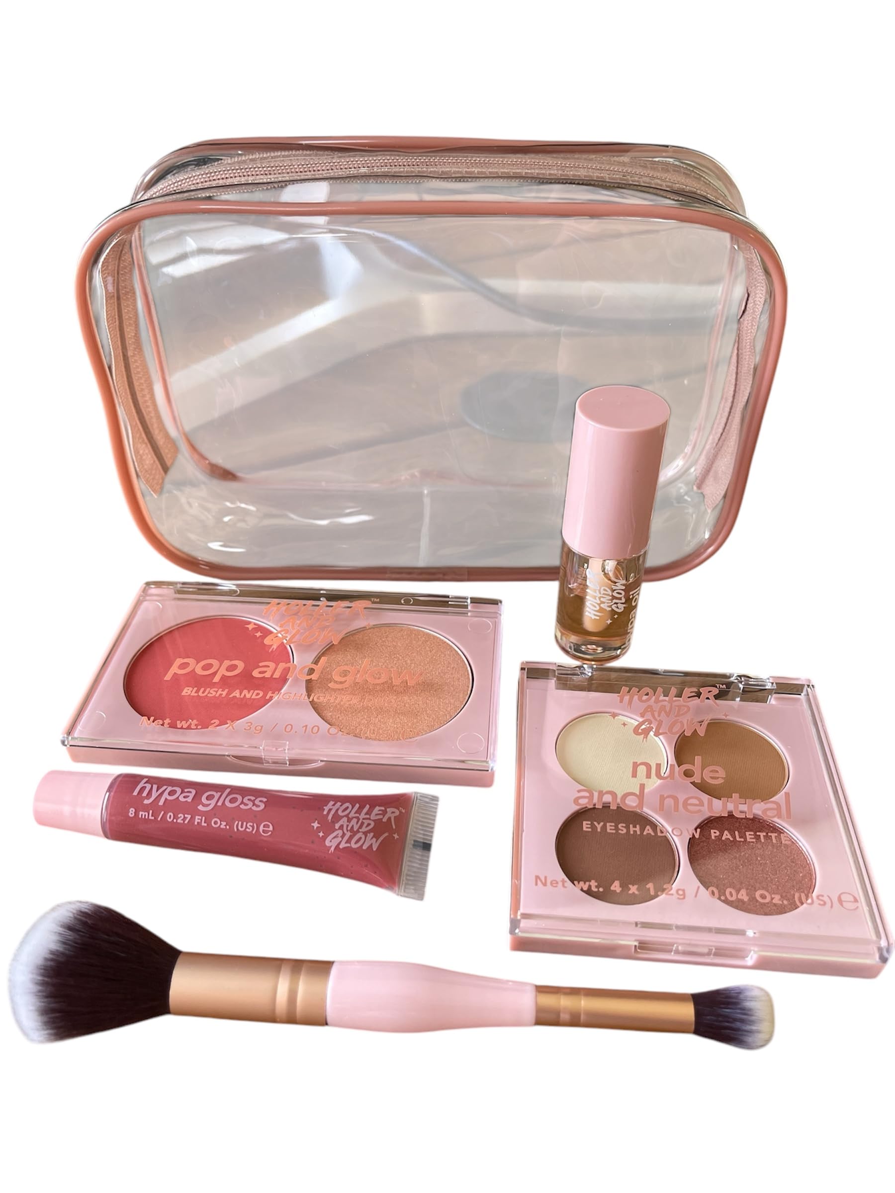6-piece Make Up Starter Kit which includes nude and neutral eyeshadow palette, blush and highlighter duo, lip gloss, lip oil and eyeshadow/blush brush.
