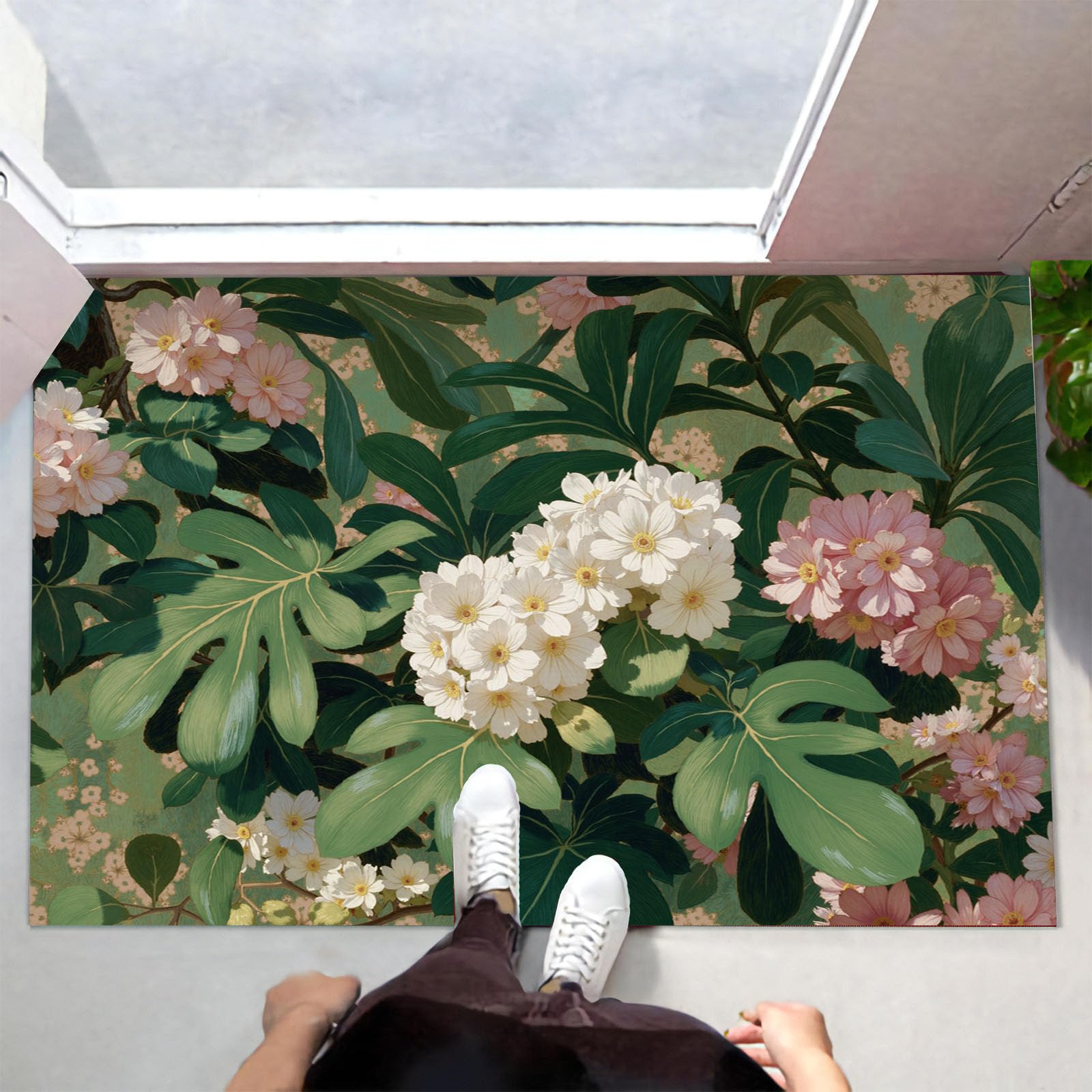 paillasson Fleurs Tropicales - Tapis Robuste Feuilles De Monstera Hortensia 60x90cm - Anti-dérapant Intérieur-Extérieur, Blanches Vertes