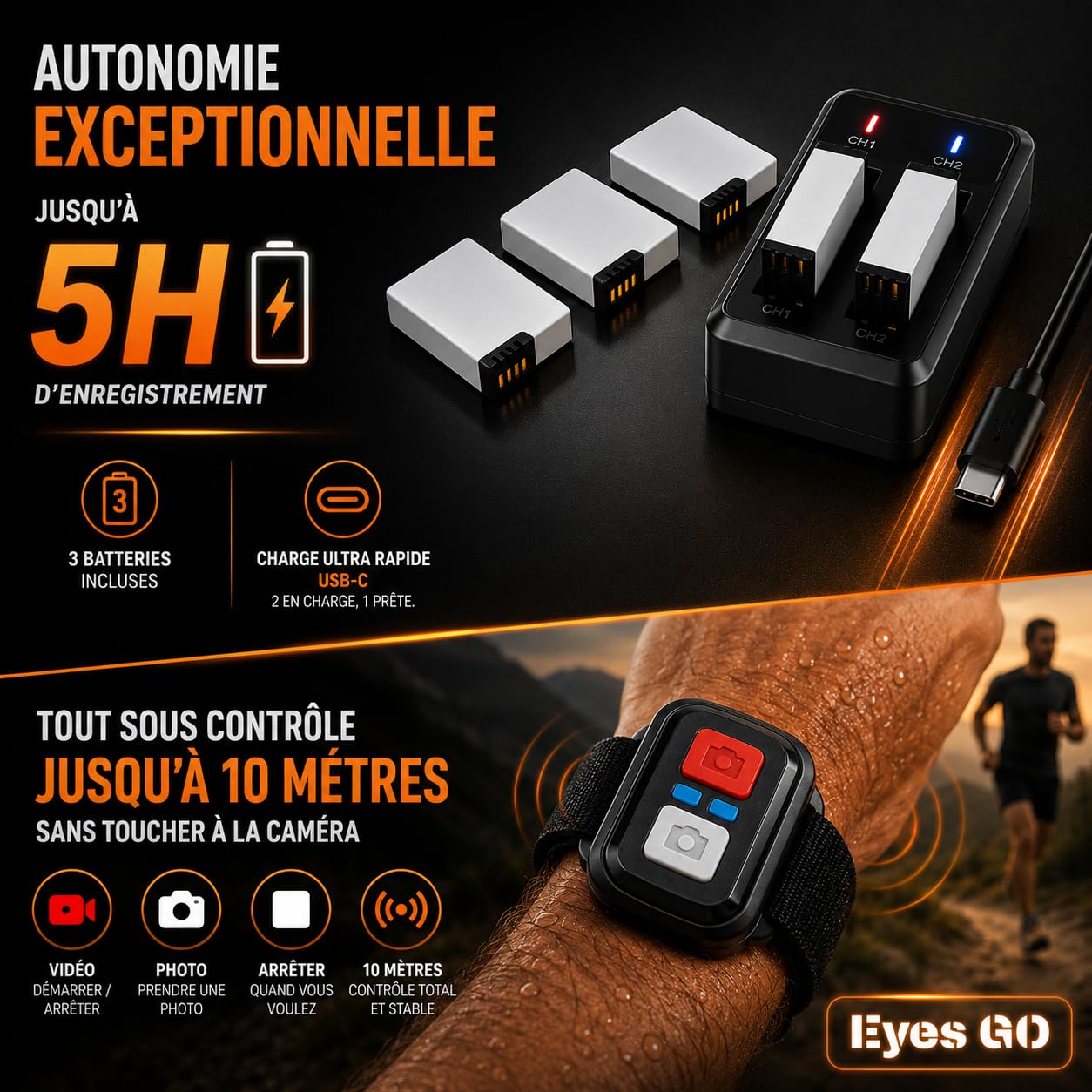 4K26 - Caméra Sport 4K30fps - 20 Accessoires - Photo 16MP - 2 Ecrans Tactile Vlog - Télécommande - Stabilisateur E.I.S 2.0 - Étanche 30M - 5 Heures d'autonomie
