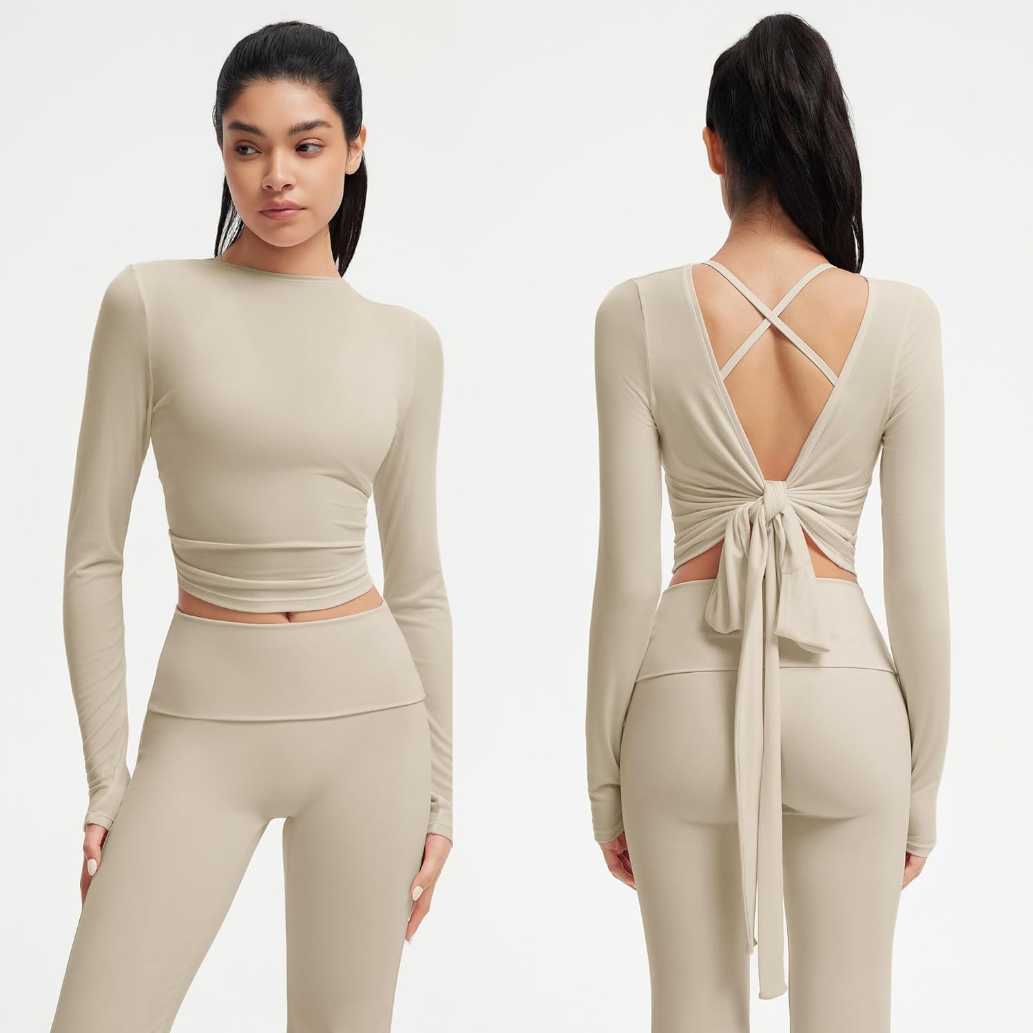 SUUKSESS Women Pilates Wrap Workout Cropped Top Ribbed Long Sleeve V Neck Tie Front Ballet Yoga Shrug Blouse - Image 5