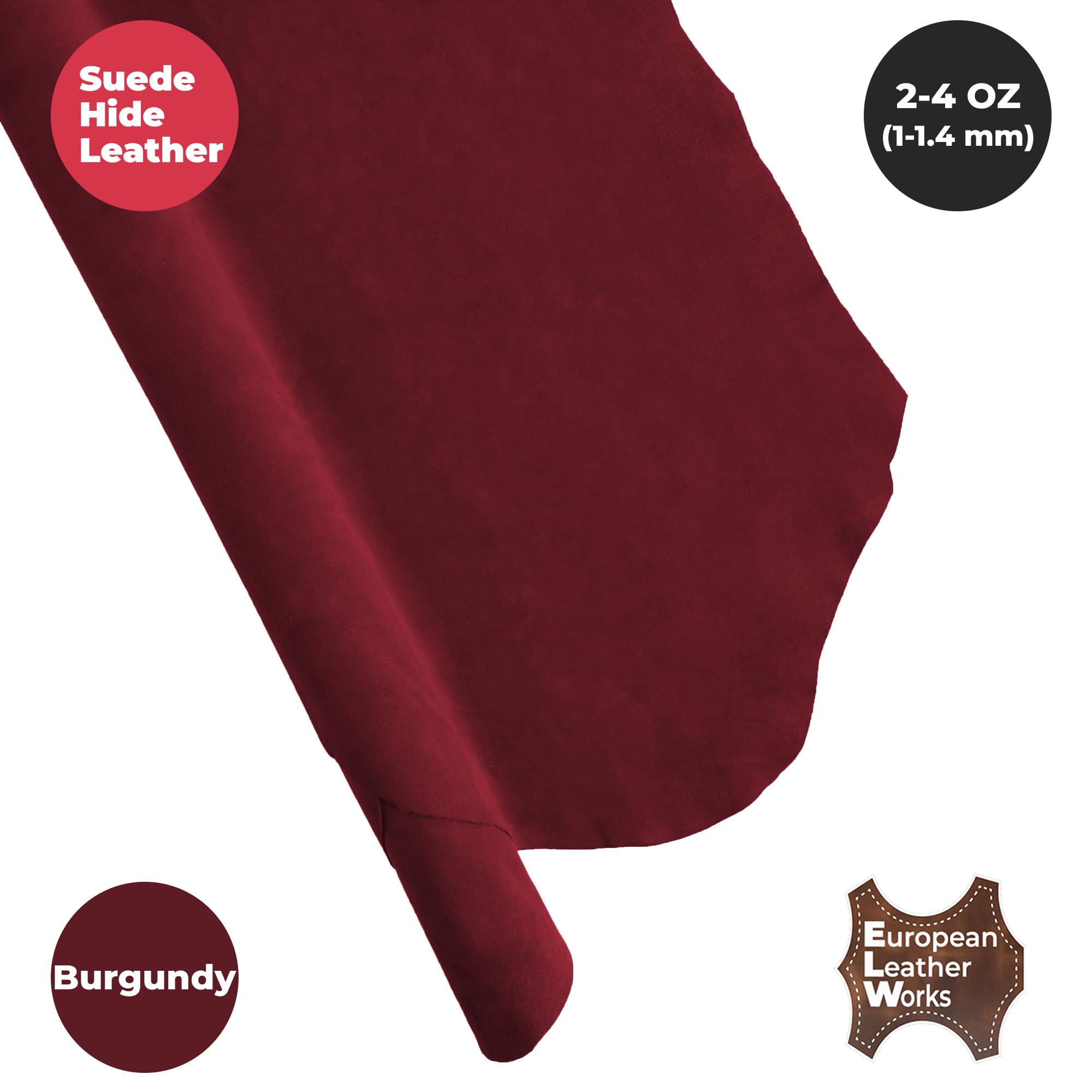 ELW Premium Suede Cowhide 2-4 oz (1-1.6mm) - Soft Full Grain Pre-Cut Side Leather - (1-3 SQ FT,Burgundy) - USA Made Silky Buffed Suede Fabric Leather for Car Upholstery, Crafts, Garments, Furniture