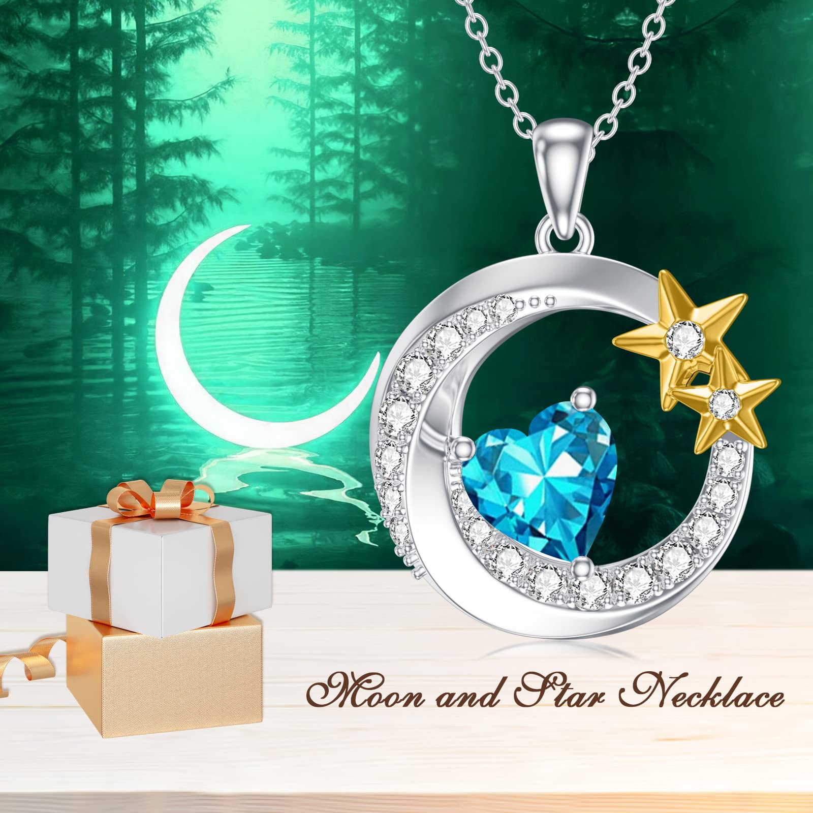 Collana con ciondolo a forma di luna e stella, per donne e ragazze, in argento Sterling 925, con luna e stella, con pietra portafortuna, regalo per mamma, figlia, moglie, fidanzata, sorella