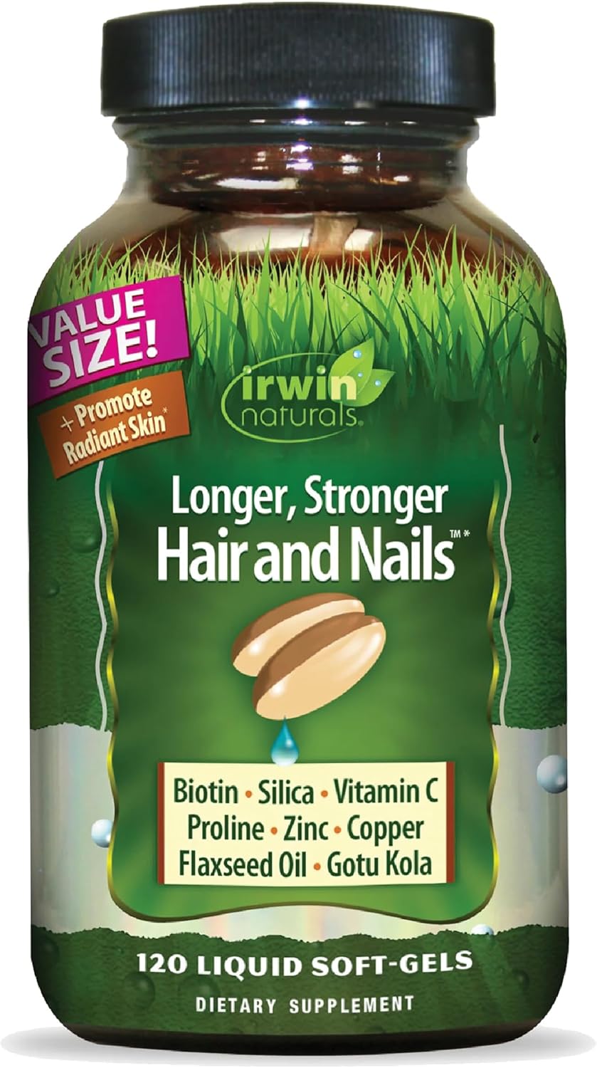 Irwin Naturals Longer, Stronger Hair and Nails - 120 Liquid Softgels - Promotes Vibrant Shine Texture & Strength - 60 Total Servings