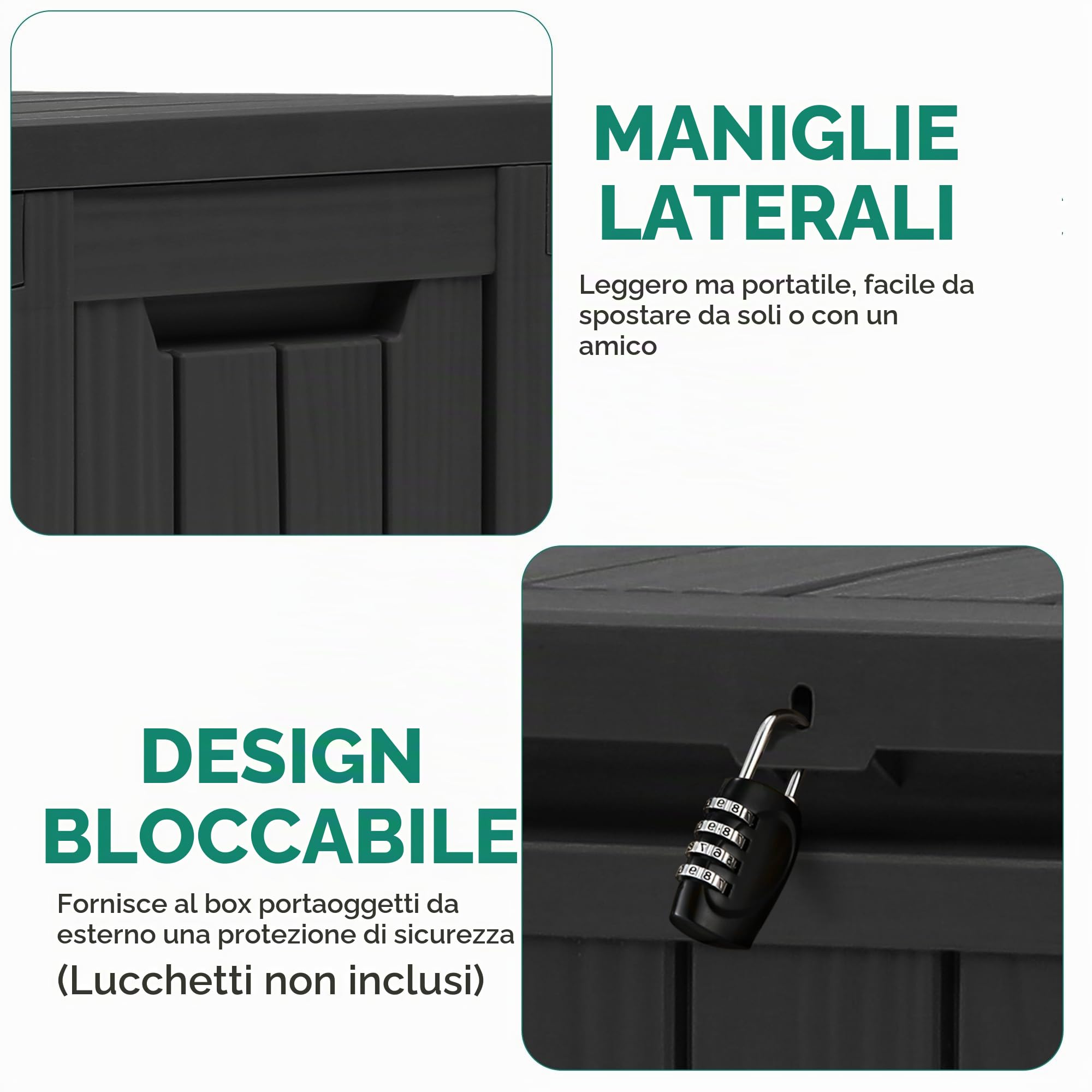 YITAHOME Scatola portaoggetti da esterno con ruote, scatola in plastica da 270 l, baule da giardino impermeabile per cuscini, strumenti e forniture per piscina, chiudibile, effetto legno sintetico