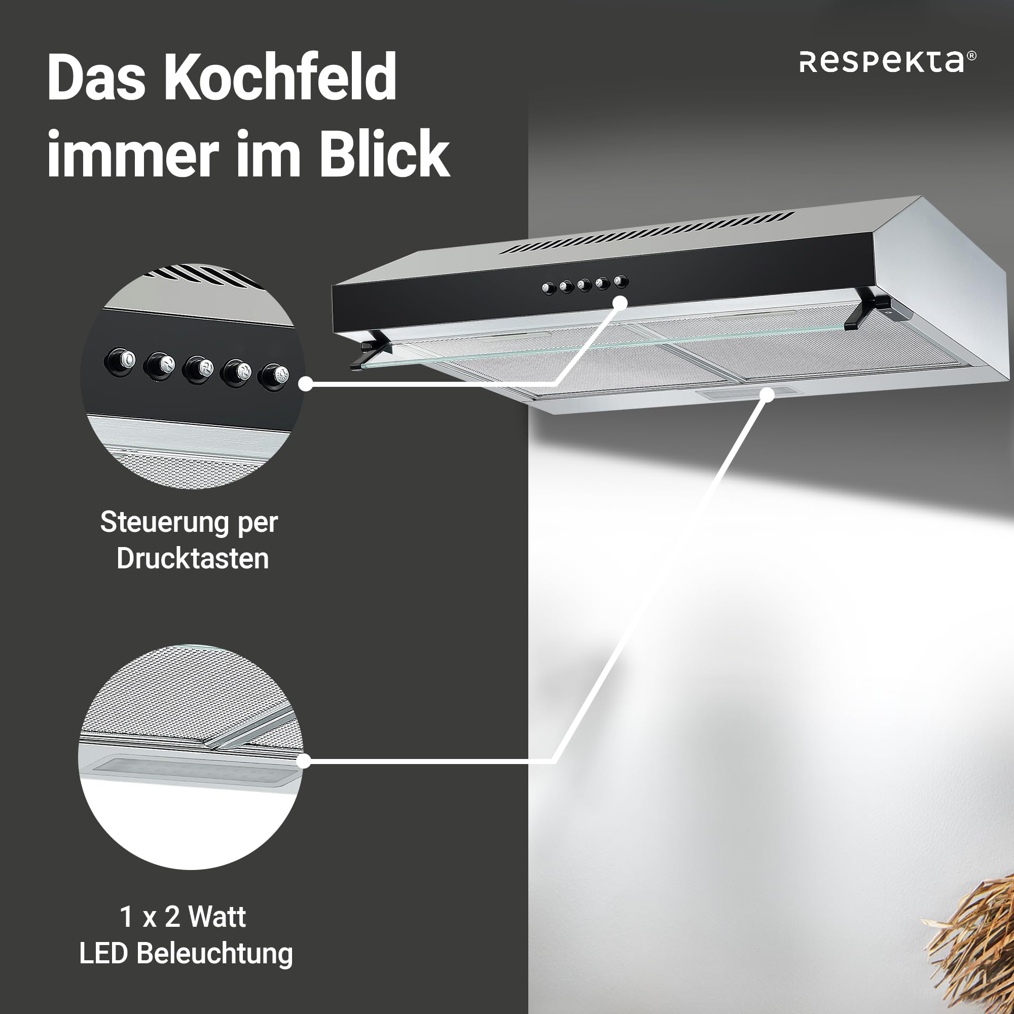 Respekta Dunstabzugshaube Unterbau 60 cm Metallgehäuse Glasfront Schwarz Abluft Umluft CH16060SGB 60-68 dB