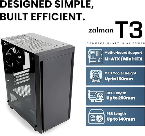 Miniatura 3 de Zalman T3 Micro ATX Case, MATX PC Case with 2 x 120mm Fans Pre-Installed, Full Tempered Glass Side Panel, Compact Mini Tower Gaming Computer Chassis
