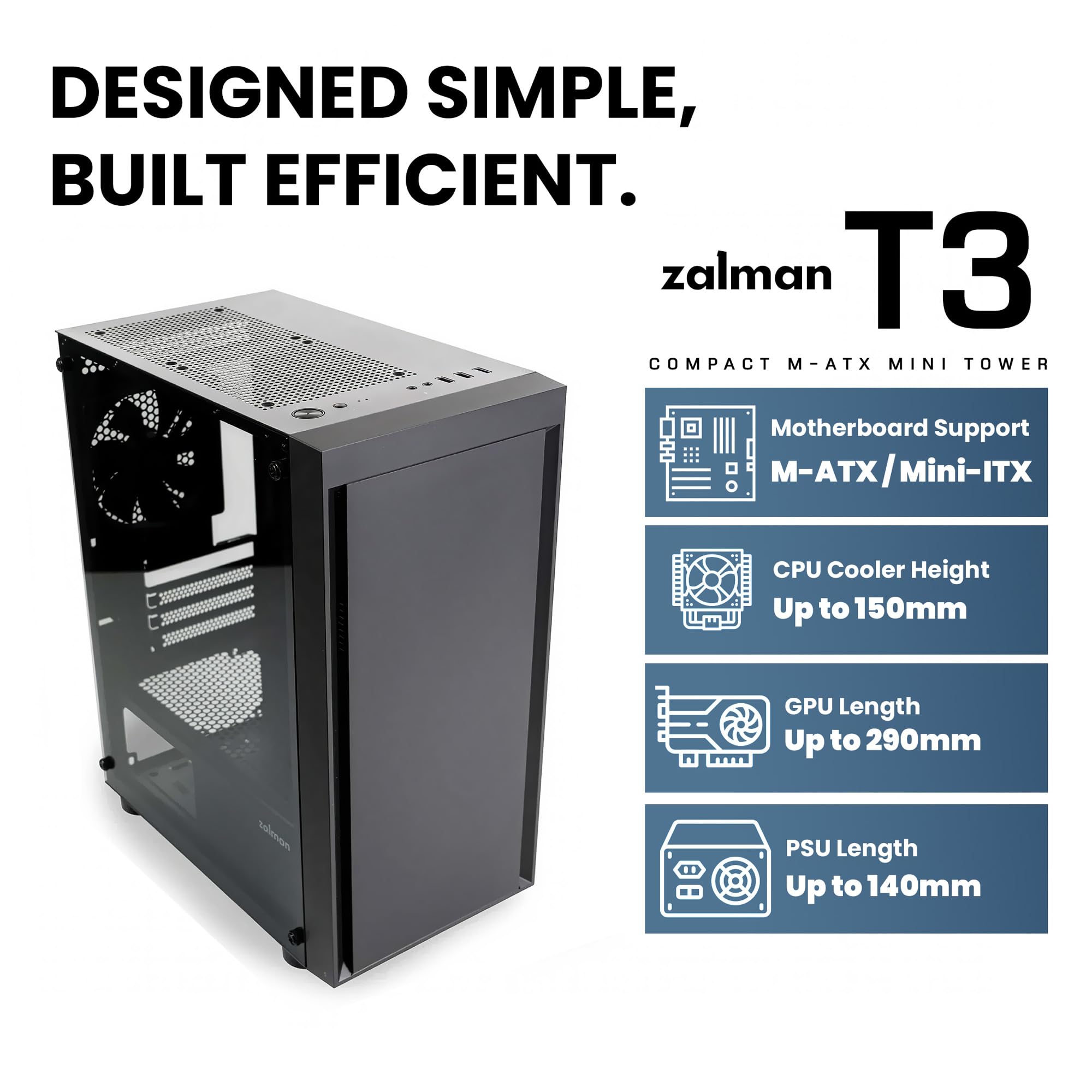 Zalman T3 Plus Mini Tower Compact PC Case – Micro ATX Mini ITX Computer Case – Preinstallate 2 ventole da 120 mm – Pannello laterale in vetro temperato – Griglia di ventilazione per un raffreddamento