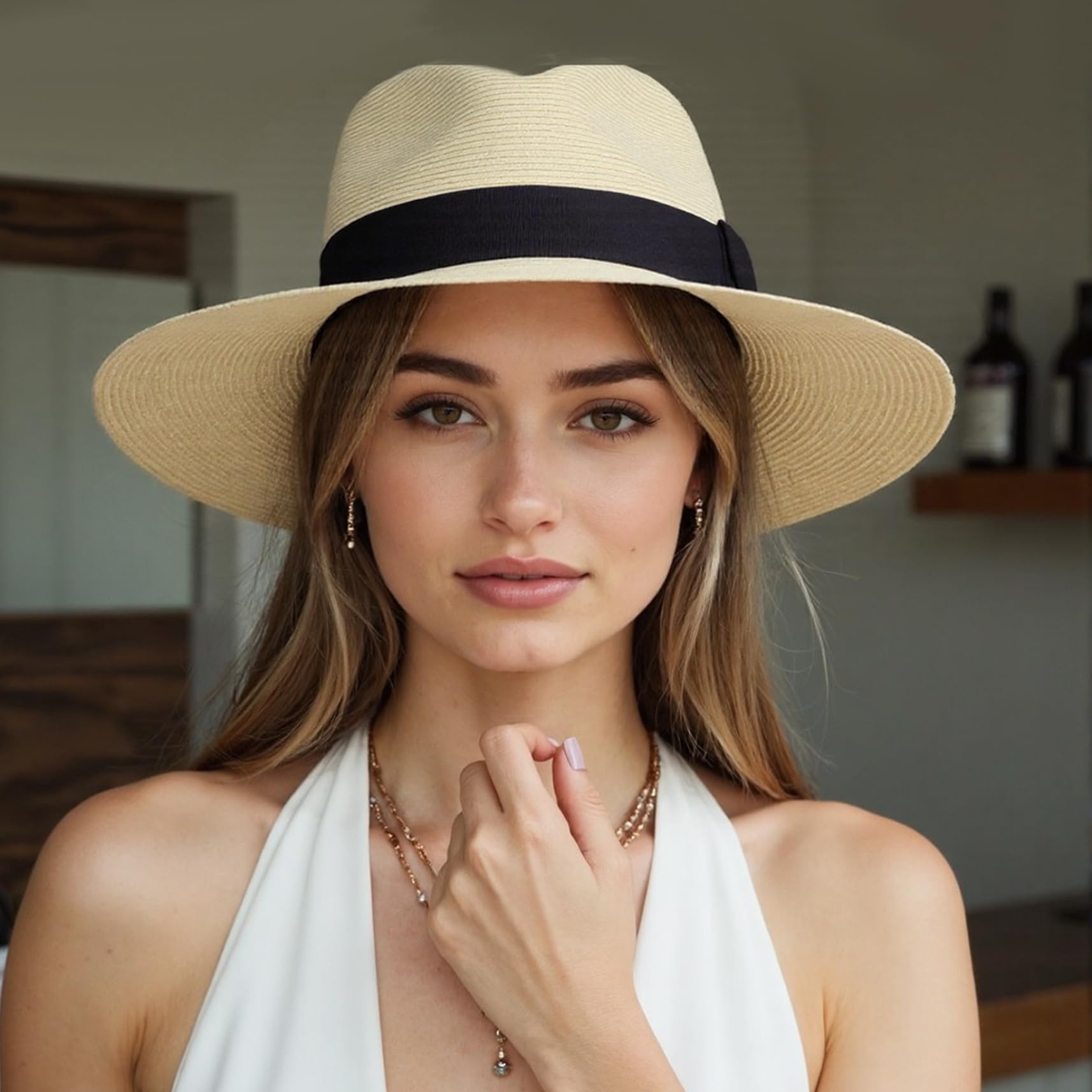 Sombrero Panamá de Paja de ala Ancha Talla única Enrollable - Sombrero de Sol de Playa Fedora para Mujeres y Hombres
