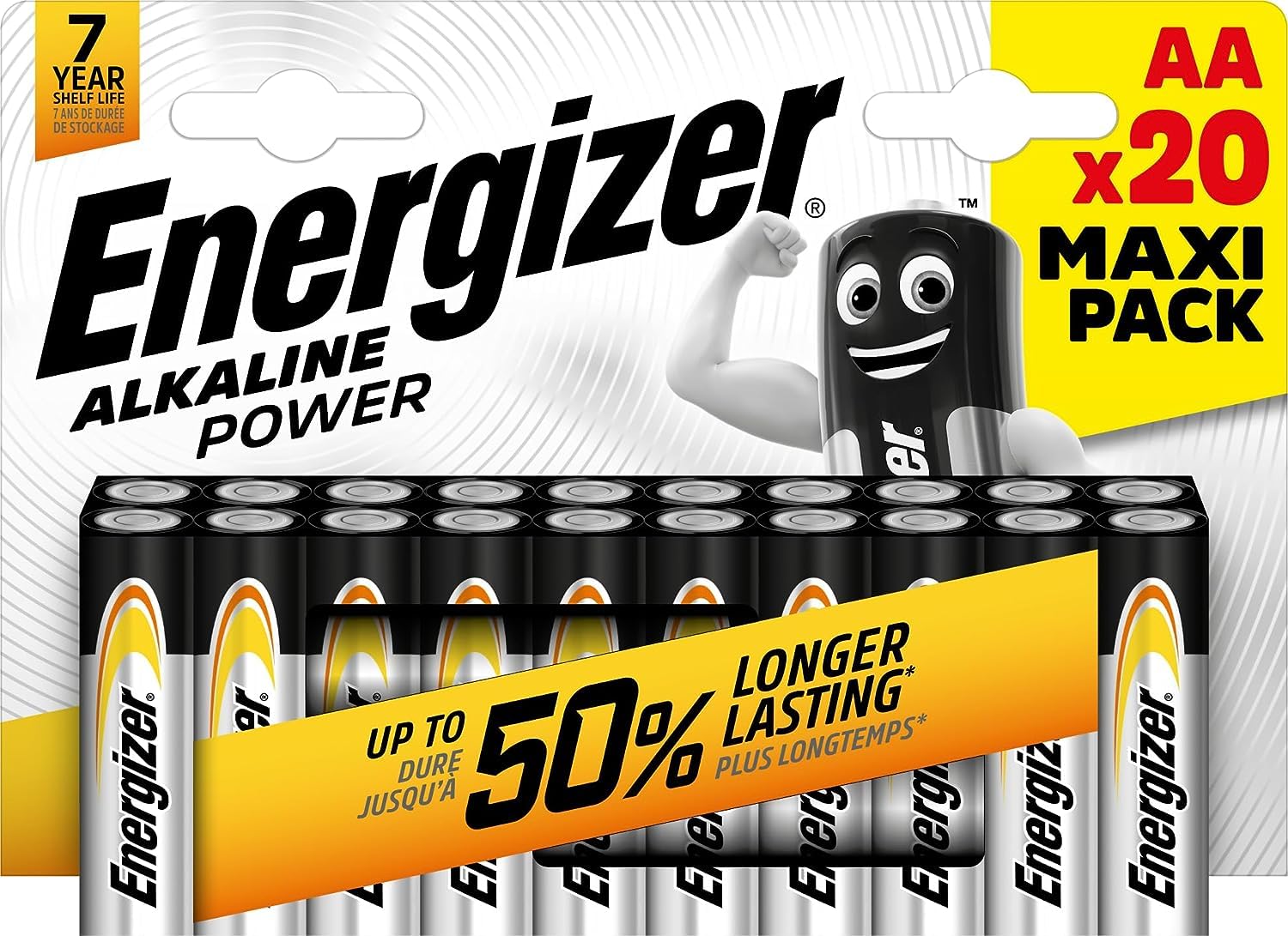 Energizer Alkaline Power, Pack of 20 AA Batteries 1.5 V, Long Life for Daily Use, Sulfation-Free and Up to 10 Years of Life
