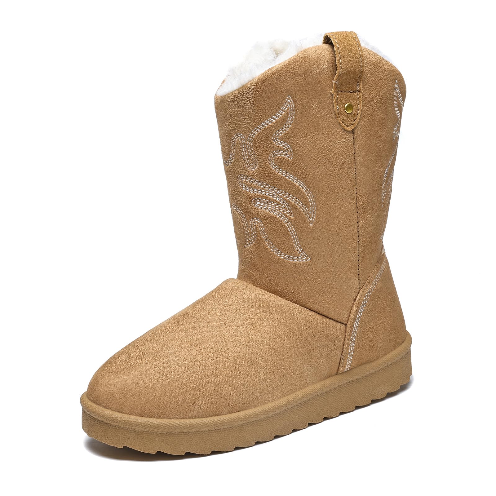 JSWEI Womens Winter Embroidery Snow Boots Lightweight Shoes Warm Shearling Furry Lining Cozy Outdoor Fashion Ankle Cowgirl Boots