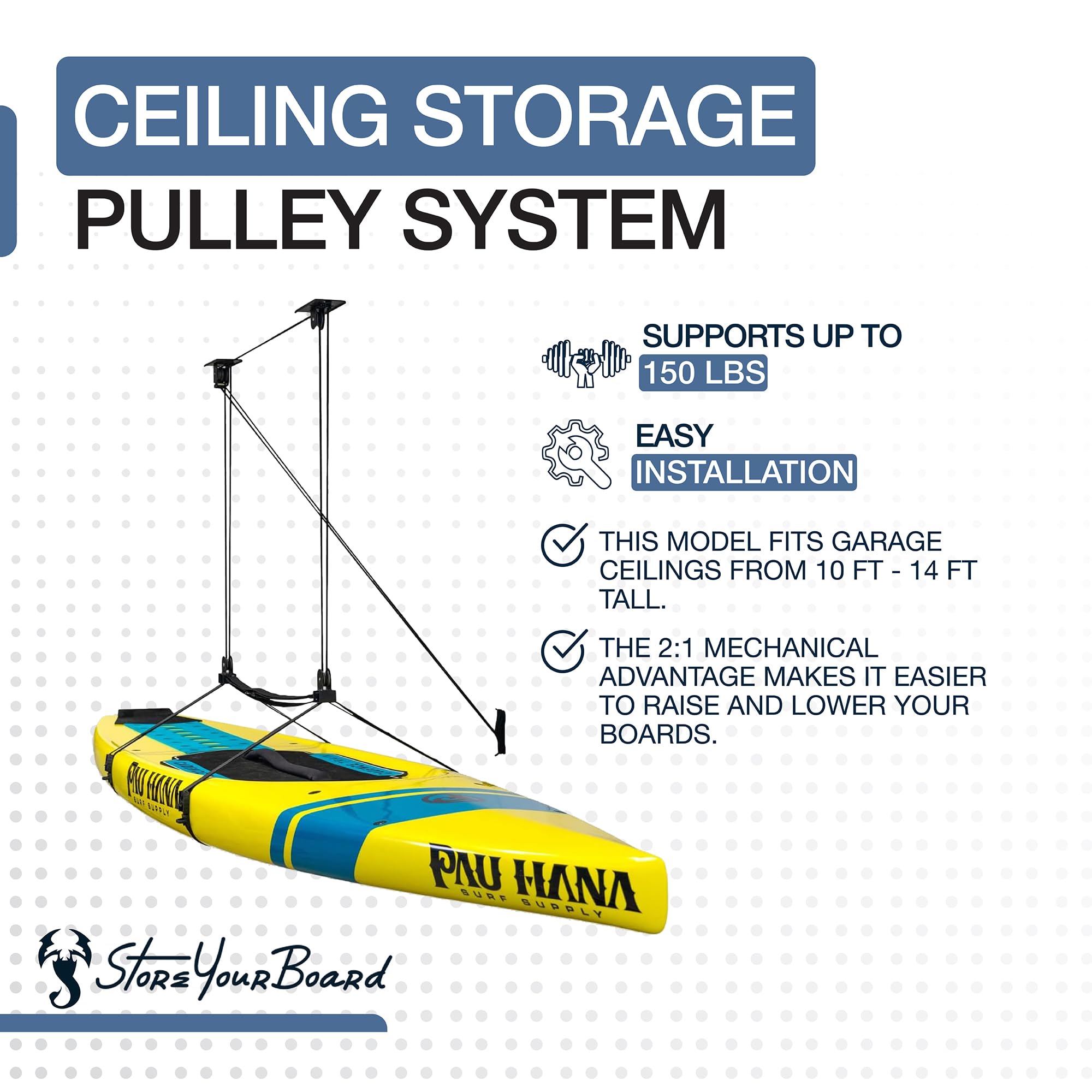 StoreYourBoard Polipasto de techo para tabla de remo, sistema de polea SUP superior