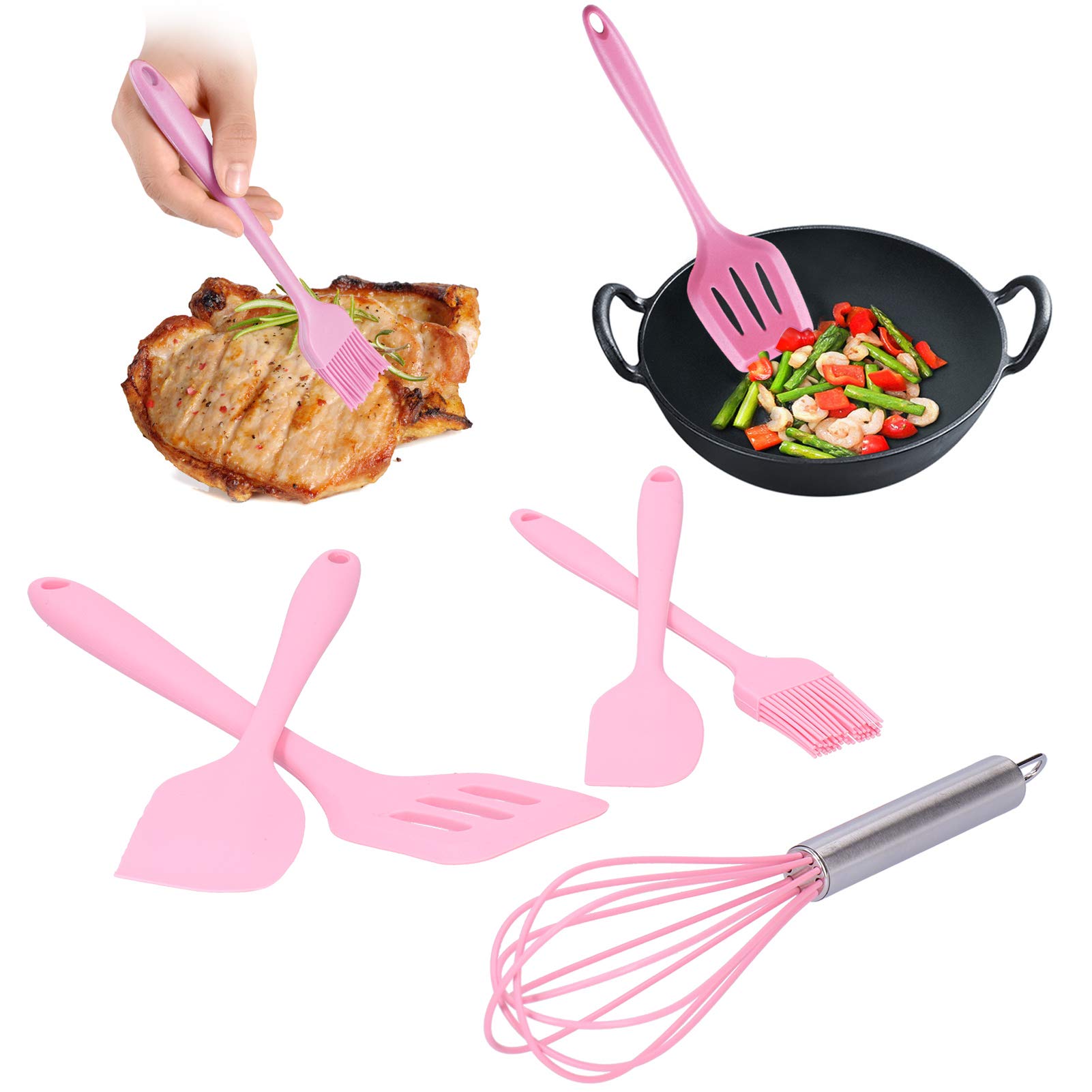 Silicone Cooking Utensils Kitchen Utensil Set, 5 Piece Silicone Spatula Baking Scraper Egg-Beater Kitchen Accessories(Pink) - Image 2