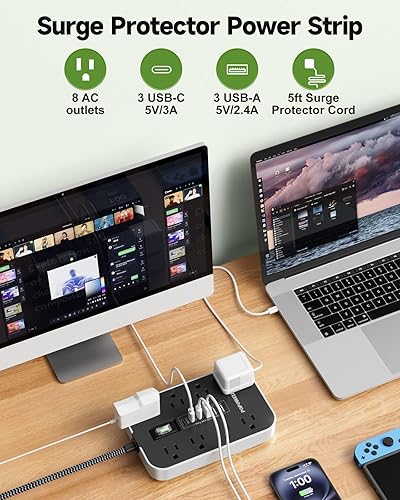 Miniatura 2 de Protector de sobretensiones de regleta de alimentación cable de extensión de enchufe plano de 5 pies, 8 salidas de CA y 6 puertos USB (3 USB C),