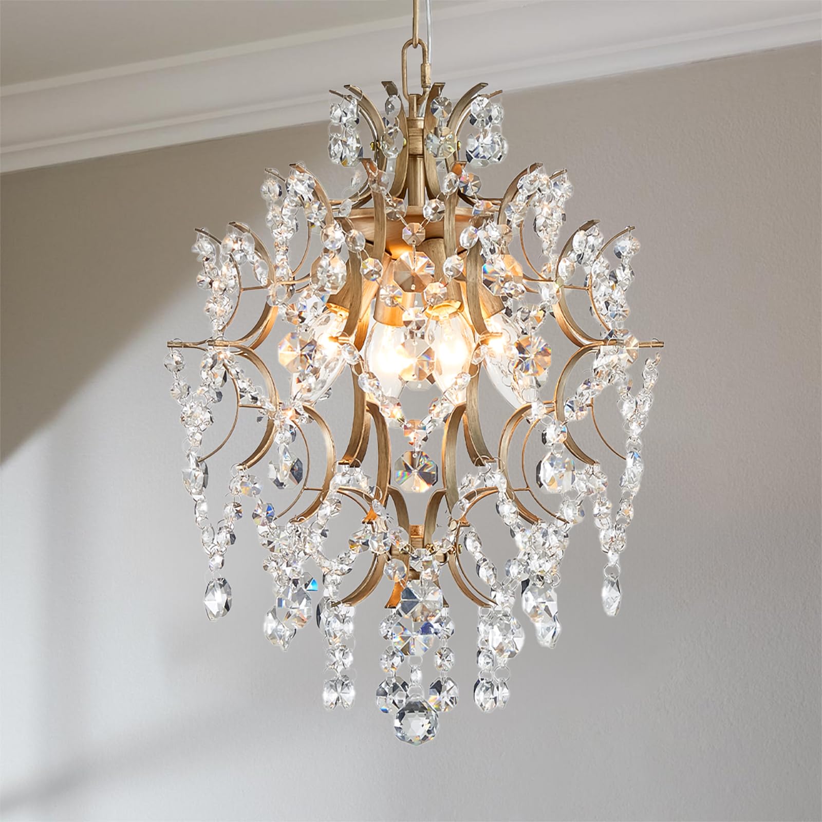 AGV LIGHTING Crystal Chandeliers, Modern Style Pendant Light Fixture with 1-E26-Light Socket, Perfect for Living Space, D13 x H16, Adjustable Chains 59", Brass Finish