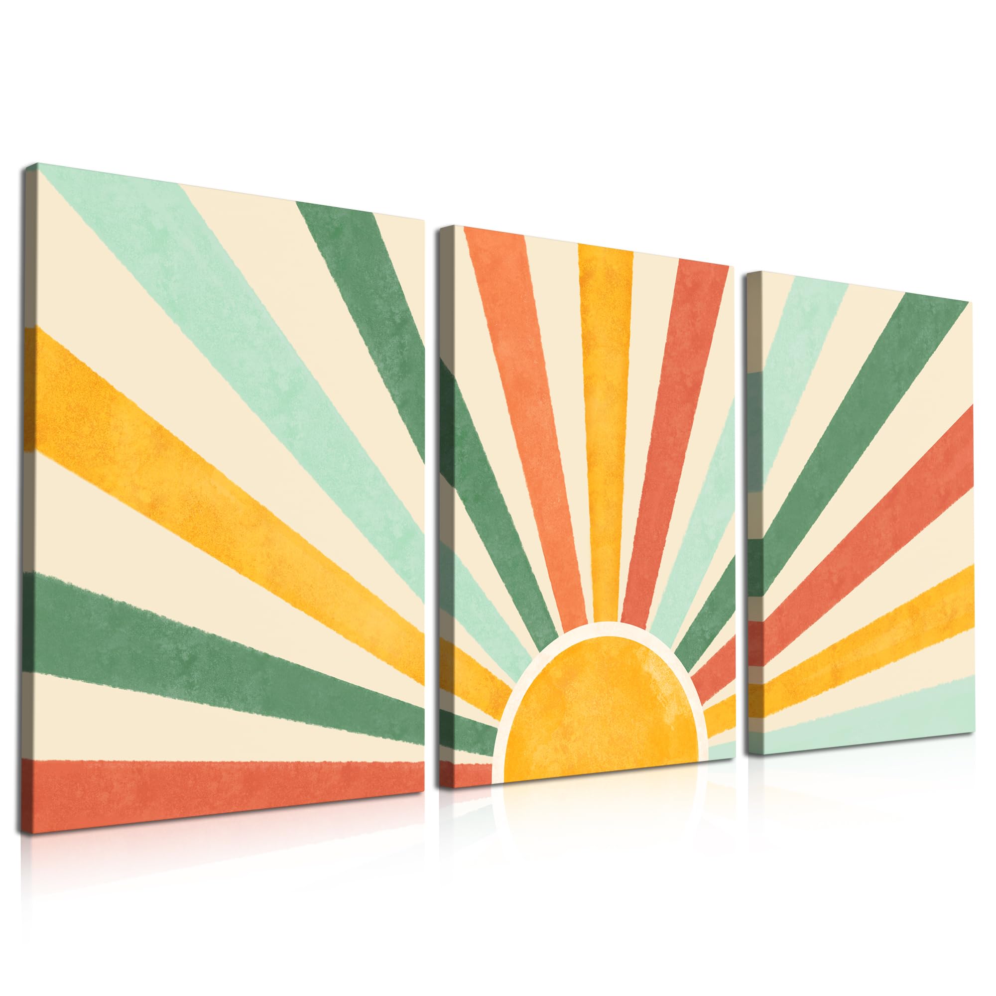 Boho Sun Wall Art Set of 3, 12x16in, Framed Canvas Wall Art Rainbow Sun Rising on the Horizon Geometric Nature Illustrations Line Art Wall, Mid-Century Modern Prints Boho Wall Decor for Living Room