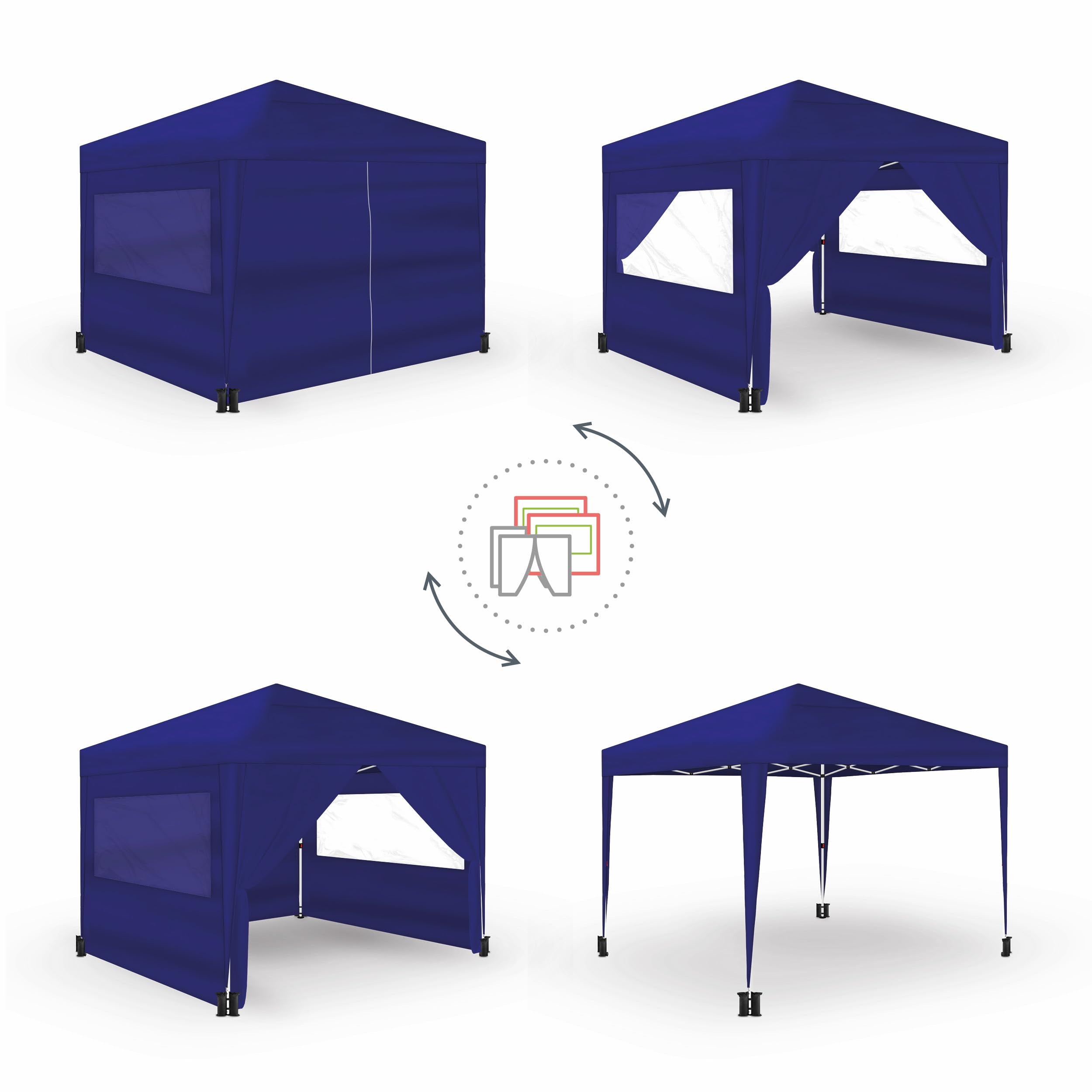 Wasabi - Carpa Plegable 3x3m – 4 Paredes Laterales – 4 Bolsas de Arena, Piquetas y Cuerdas de Fijación – Saco de Transporte - Pérgola de Nylon – Cenador para Jardín Exteriores Camping Fiestas (Azul)