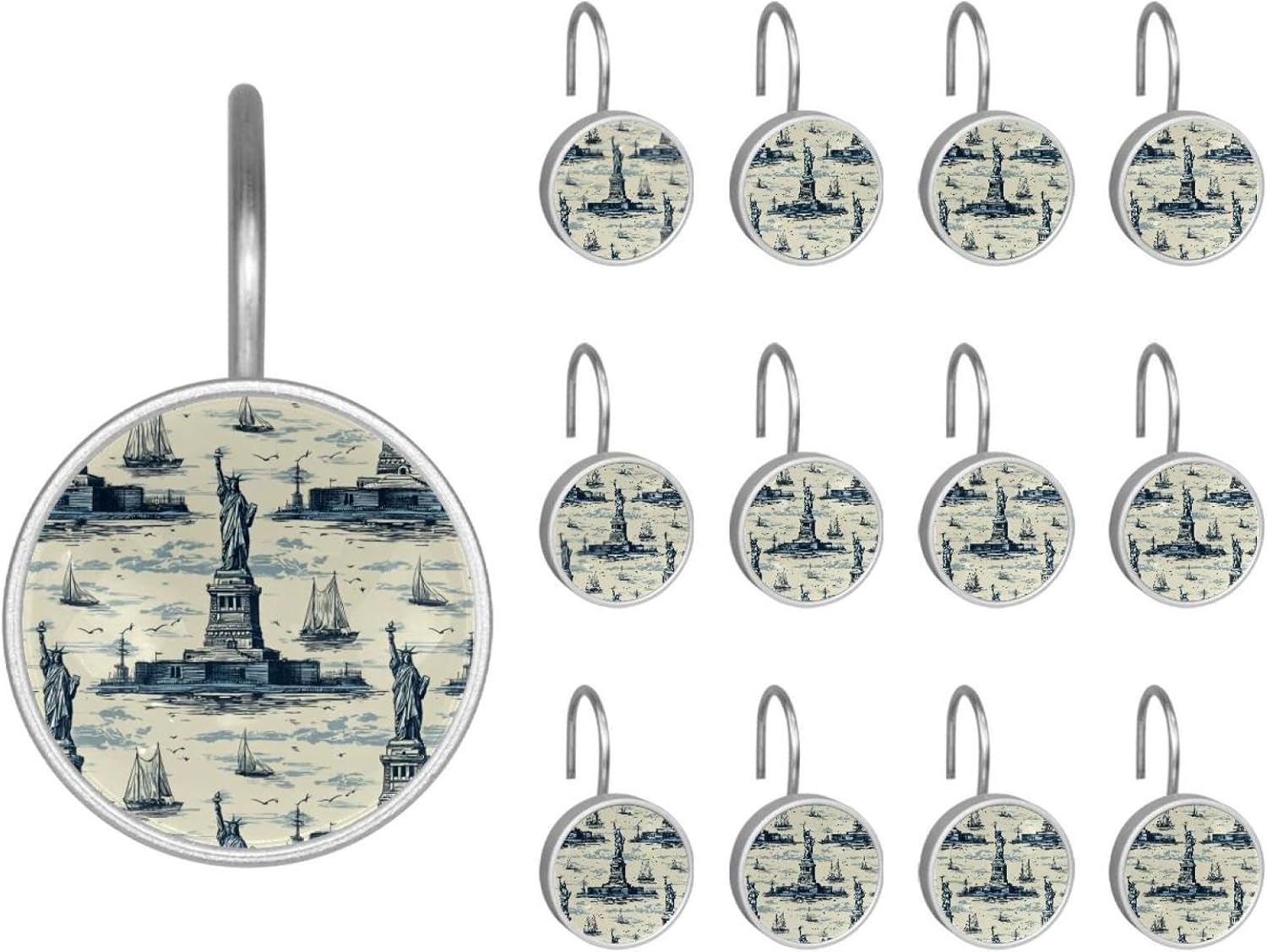 Vintage Statue of Liberty Pattern (1) Round Crystal Glass Decorative Shower Curtain Hooks with 3D Pattern Visual, Rust Proof Shower Curtain Rings-12 Pack