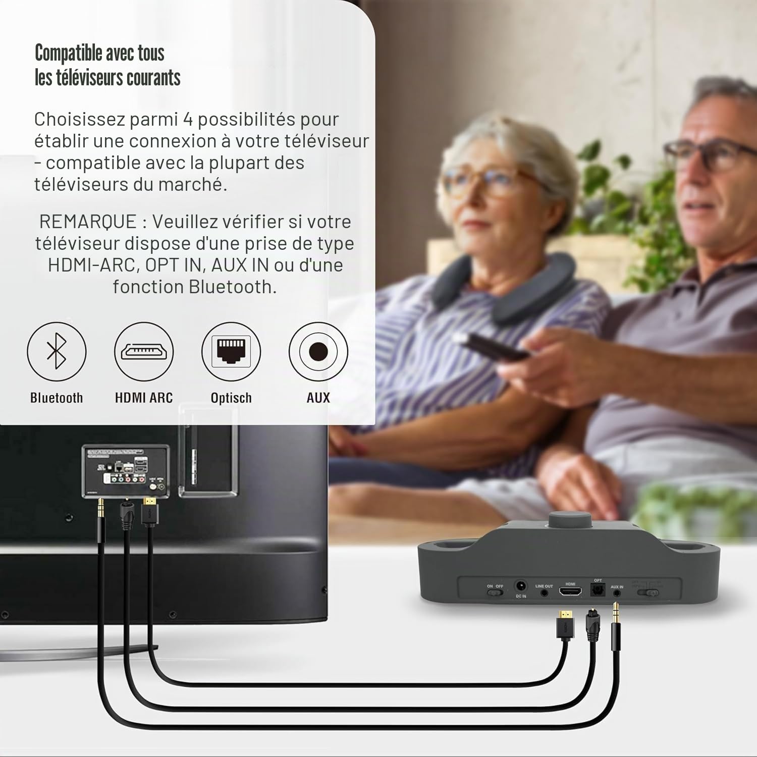 LEICKE Edgar Duo Haut-parleur TV - Casque portable sans fil avec amplificateur auditif pour personnes âgées malentendantes - Bluetooth 5.3, HDMI, entrée auxiliaire et optique TV - Amplificateur vocal