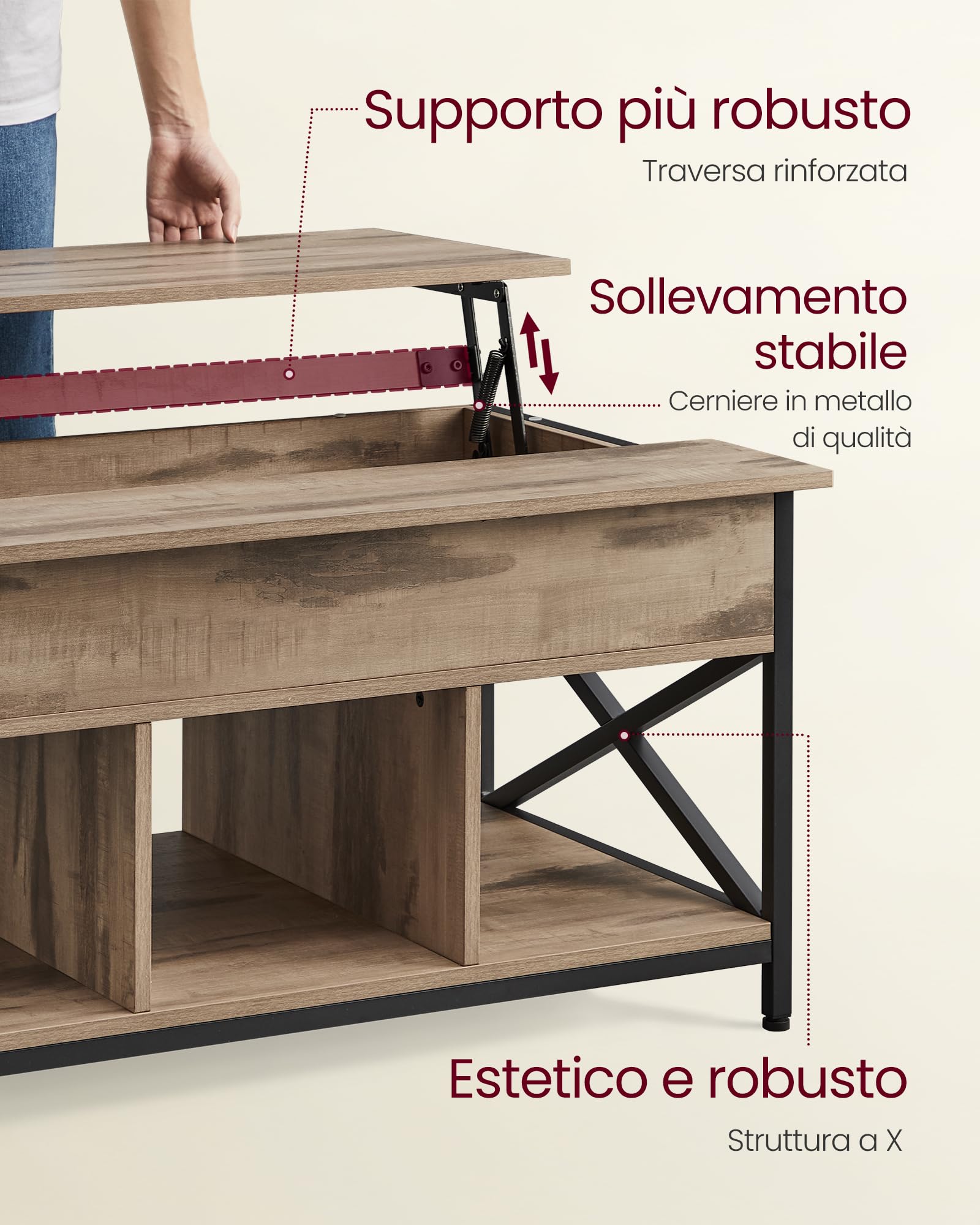 VASAGLE Tavolino da Caffè Tavolino da Salotto con Piano Sollevabile, Tavolino con Spazio di Organizzatore Aperto e Nascosto, Barre a X, 60 x 100 x (48-62) cm, Marrone Cammello e Nero LCT205K50