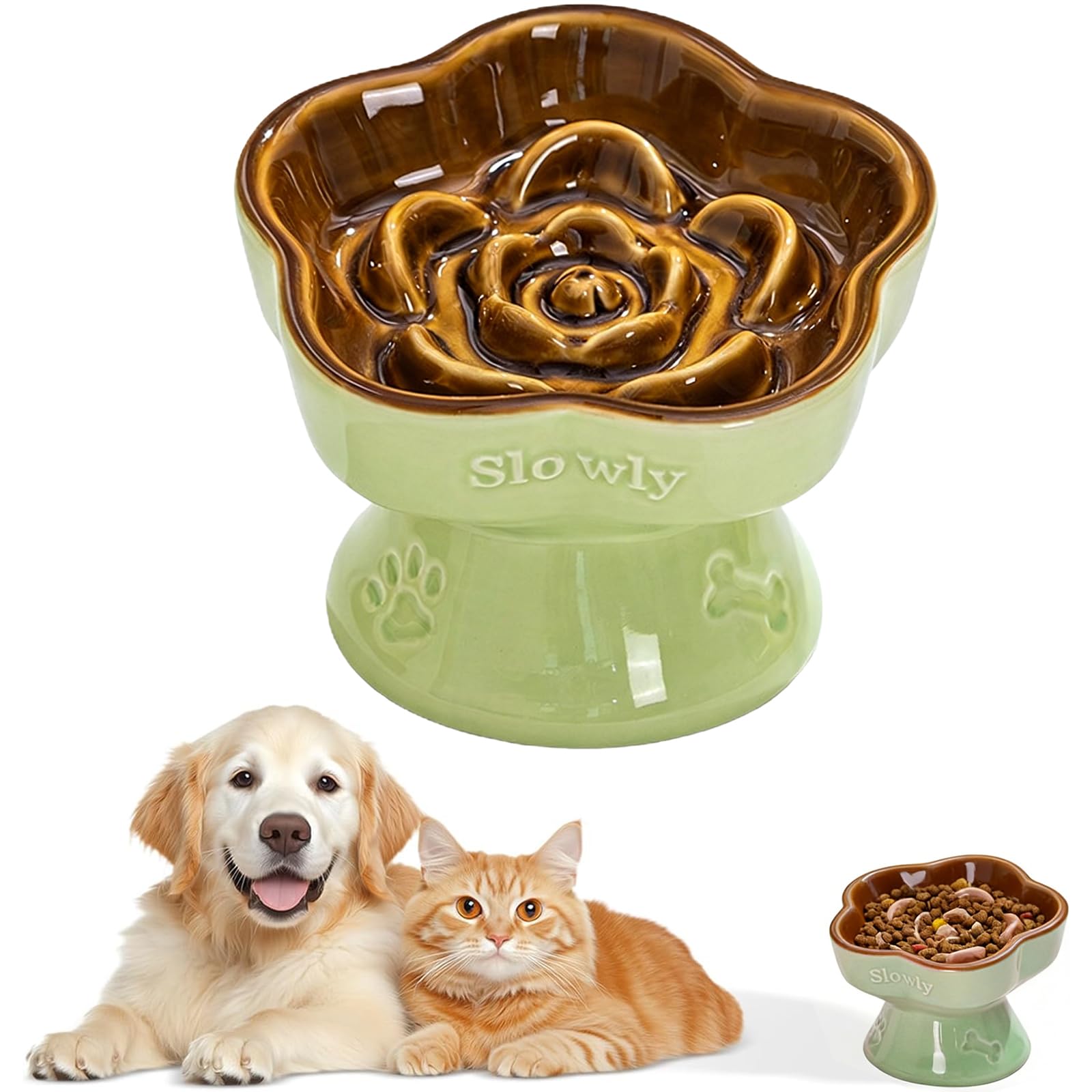 MEETOZ Raised Slow Feeder Cat Bowl, Ceramic Elevated and Cat Food Bowl Small Dogs Slow Feeder Bowl, Flower Shaped Cute Cat Bowl for Dry and Wet Food (Brown, 5.8")