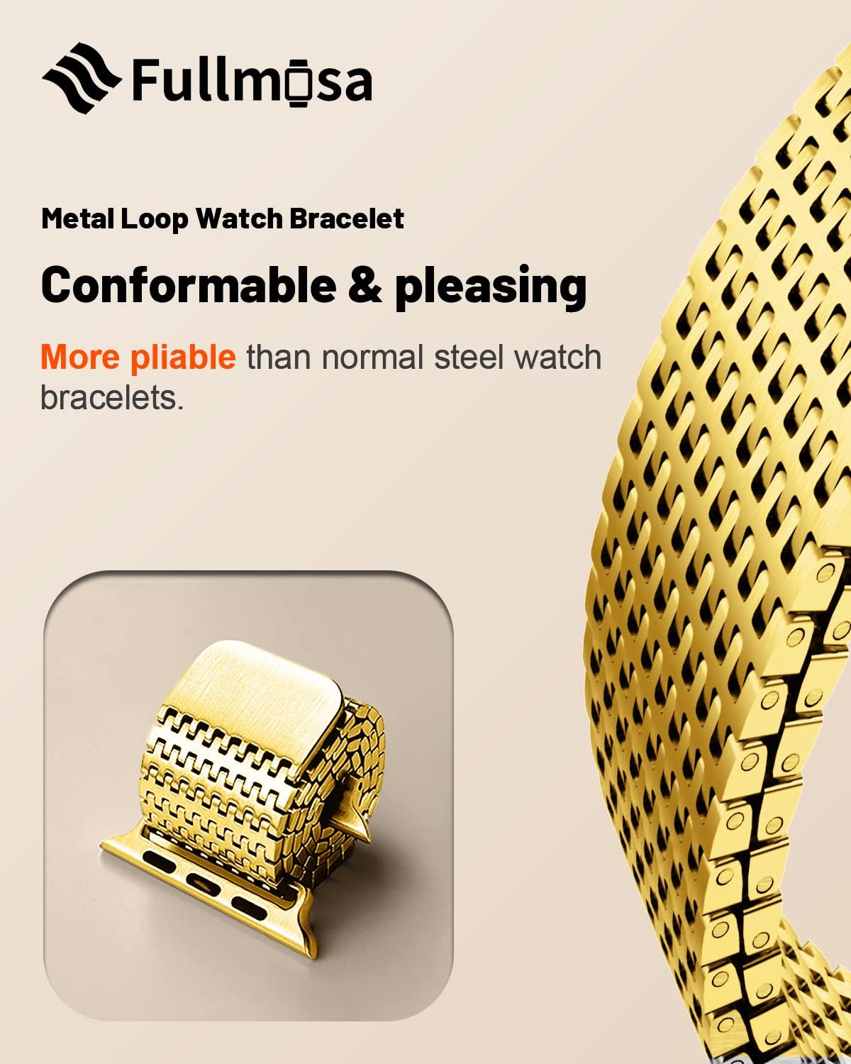 Fullmosa Compatible Metal Mesh Apple Watch Band 44mm/45mm/42mm Gold with Case & Compatible Leather Apple Watch Band 44mm/45mm/42mm,Black+Rose Gold