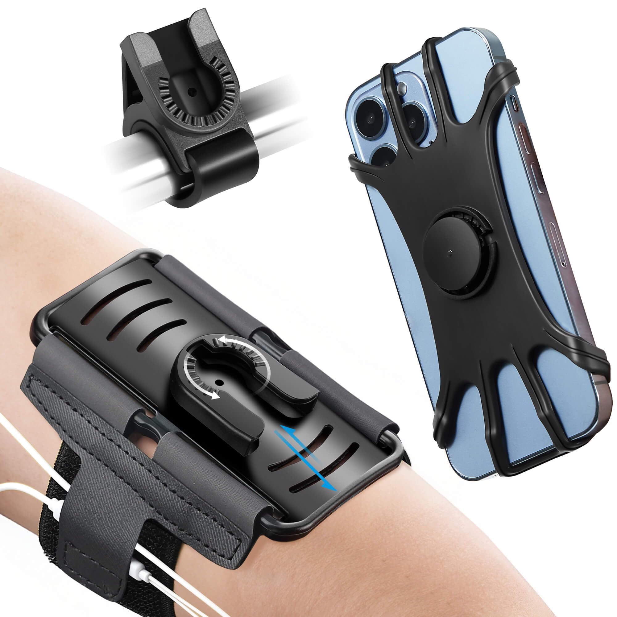 2-1 Running Armband + Bike Phone Holder : Detachable & 360° Rotatable Cell Phone Arm Bands Case Universal for iPhone 16 15 14 13 12 Pro Max Plus Samsung Galaxy S24 for Workout Exercise Sports