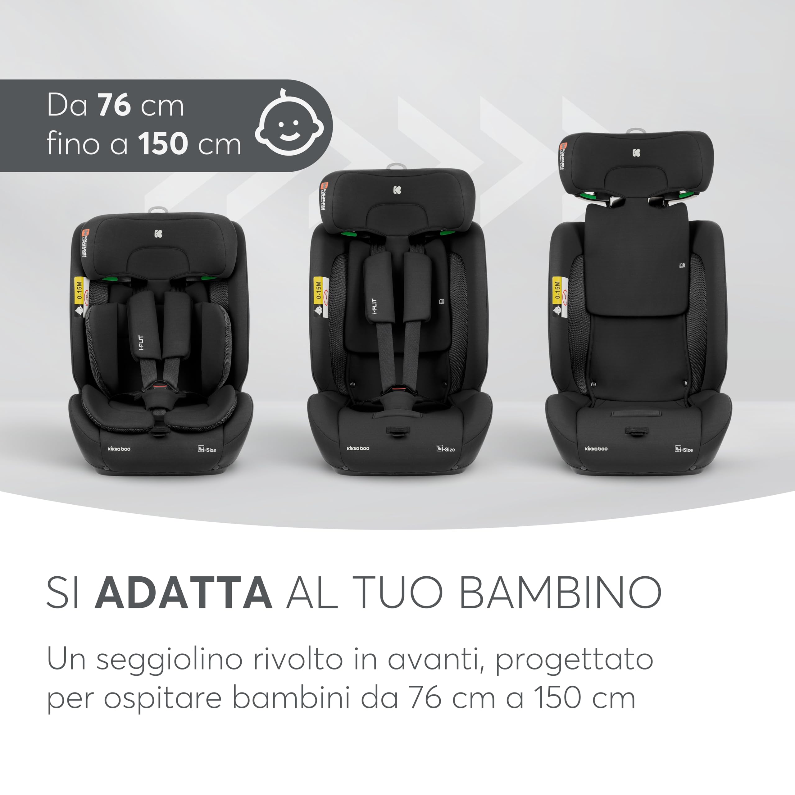KikkaBoo Seggiolino Auto 9-36 kg ISOFIX i-FLIT, Gruppo 1 2 3, Reclinabile, da 15 Mesi a 12 Anni, i-Size, SPS, Top Tether, Poggiatesta Regolabile, Nero