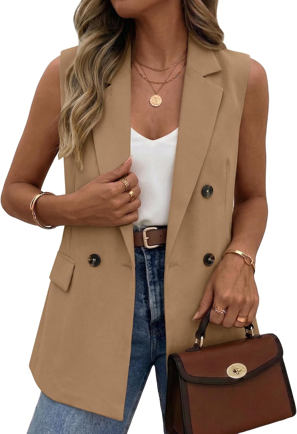 Mina Self 2026 Summer Women's Sleeveless Vest Blazer - Lightweight Loose Fully-Lined Fashion Casual Work Top with Pockets