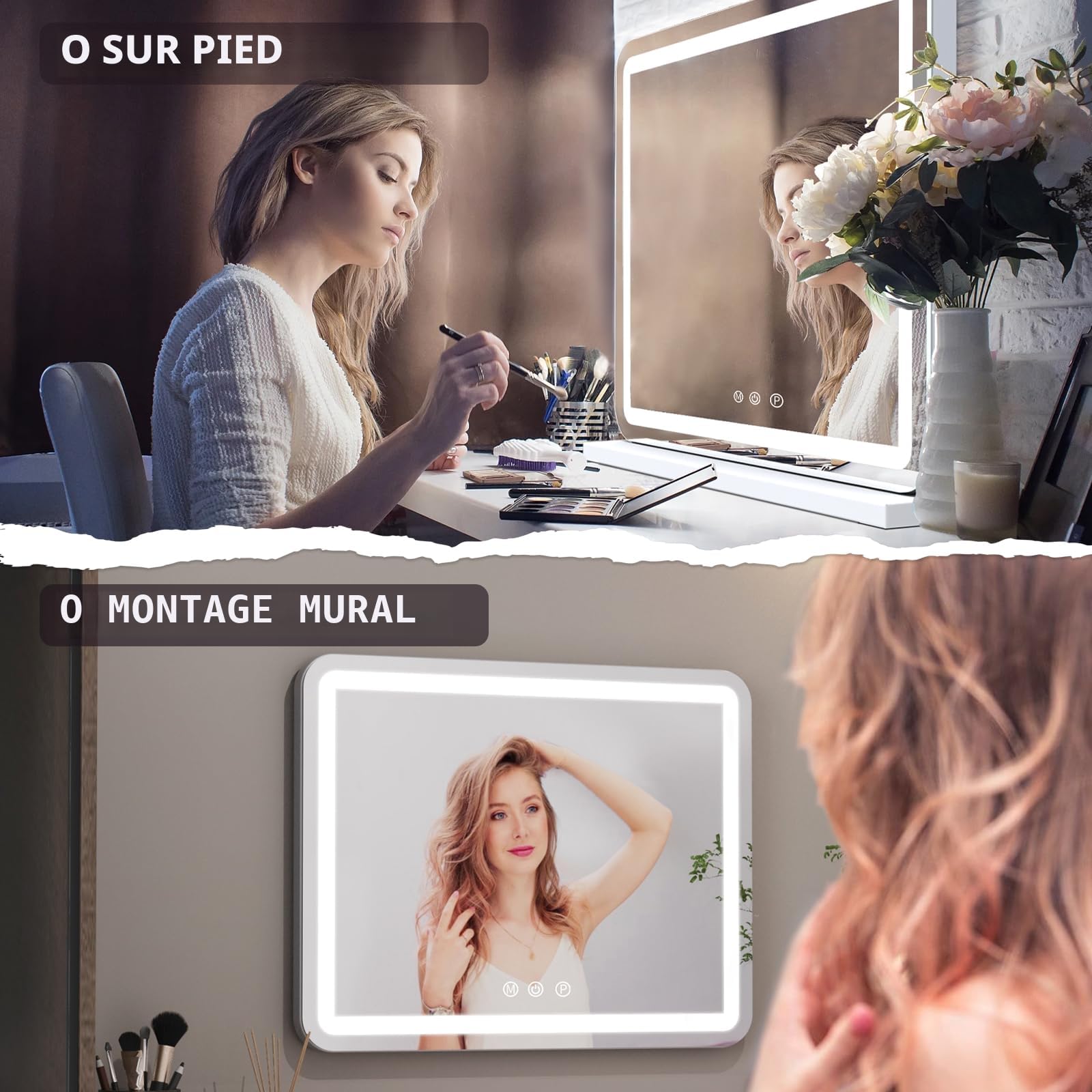 ZL ZELing Miroir Coiffeuse 58 x 48cm, Miroir LED Hollywood Contrôle Tactile, 3 Modes de Couleur, Luminosité Réglable, Port USB, Miroir de Table et de Mur - Blanc
