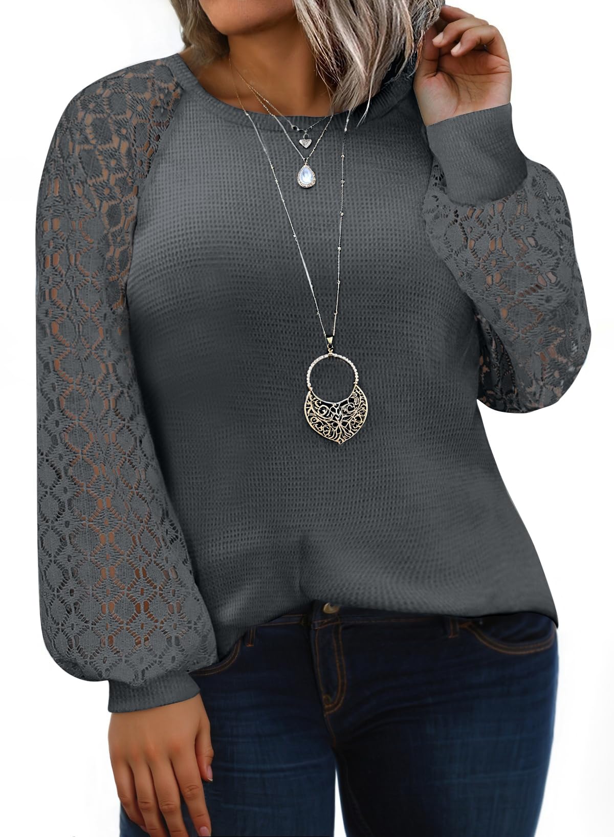 Eytino Plus Size Tops for Women Lace Long Sleeve Crew Neck Waffle Knit Business Work Dressy Shirts(1X-5X)