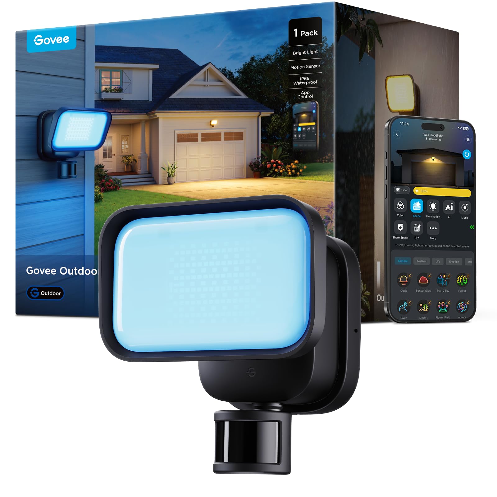 Govee LED Strahler Außen, 3000lm 6500K PIR-Sensor, IP65 Sicherheitsleuchte | RGBWW Secure Flutlicht, PIR 120°/15m Bewegungsmelder, Luminblend+ 10000K, 80+ Szenen, Alexa, Google, Matter, Garten & Balkon