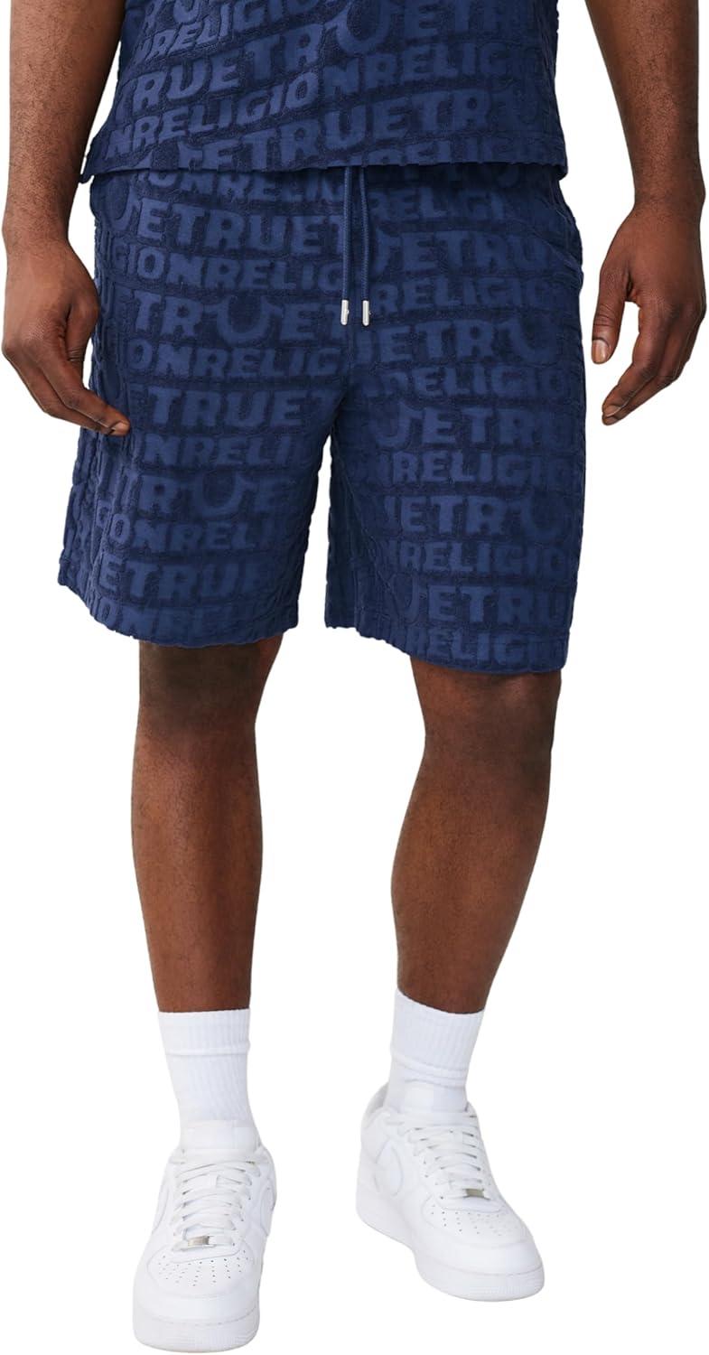 True Religion Men’s Terry Knit Short – Drawstring Waist, Slanted Pockets, Debossed Logo Design