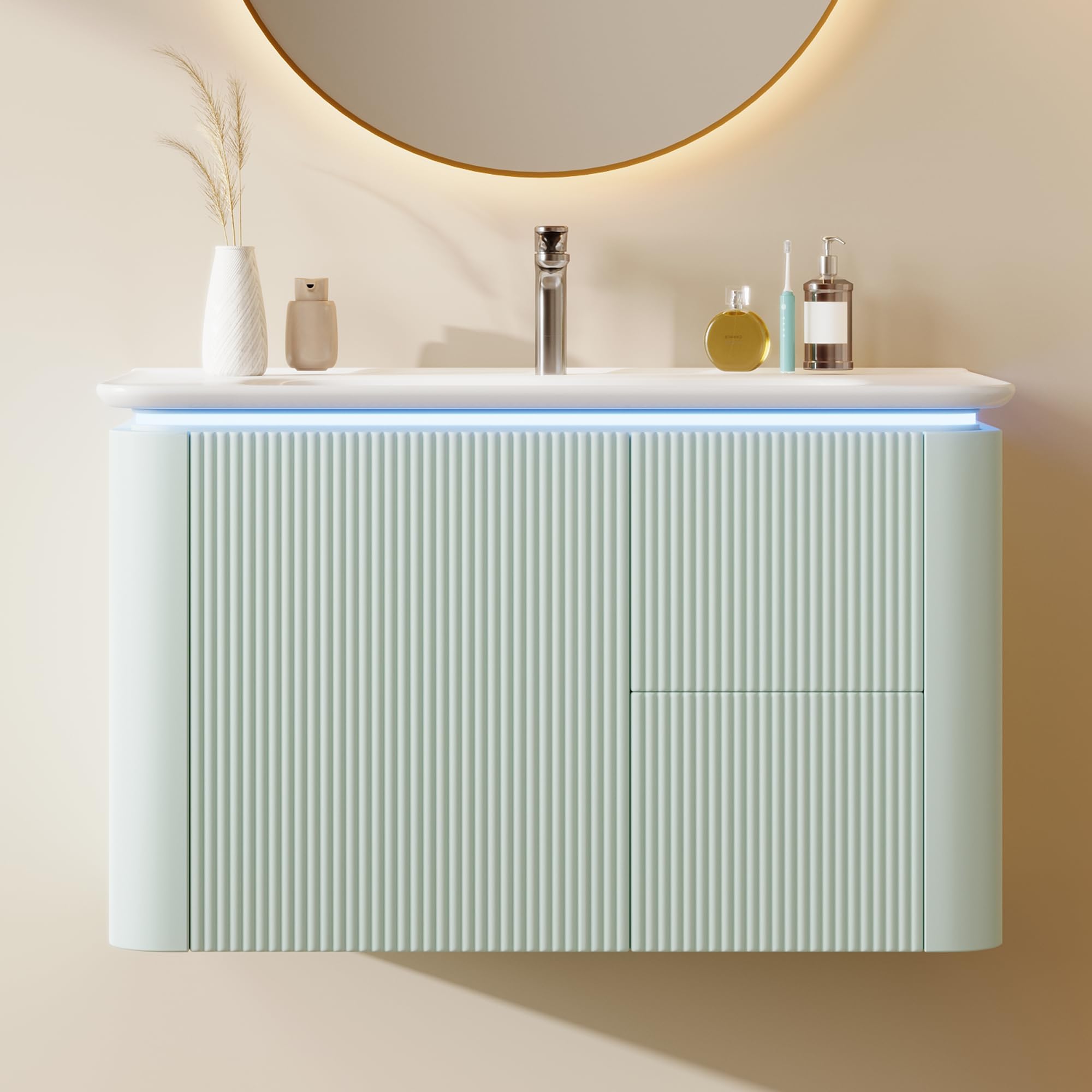 wandhängender Waschtischunterschrank, LED-Radar-Bewegungssensorleuchte, geräuscharme Schubladen, Anti-Stoß-Design, einteiliges Waschbecken (80.5×47.5×51cm (Grün))