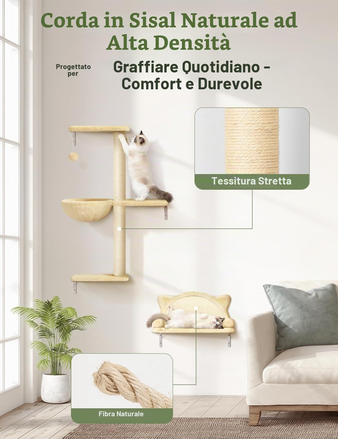 Set Mobili da Parete per Gatti da Arrampicata, Mensole da Parete in 5 Parte, Legno massello, velluto e sisal, portata massima 20 kg, Parete Tiragraffi per Gatti, Beige