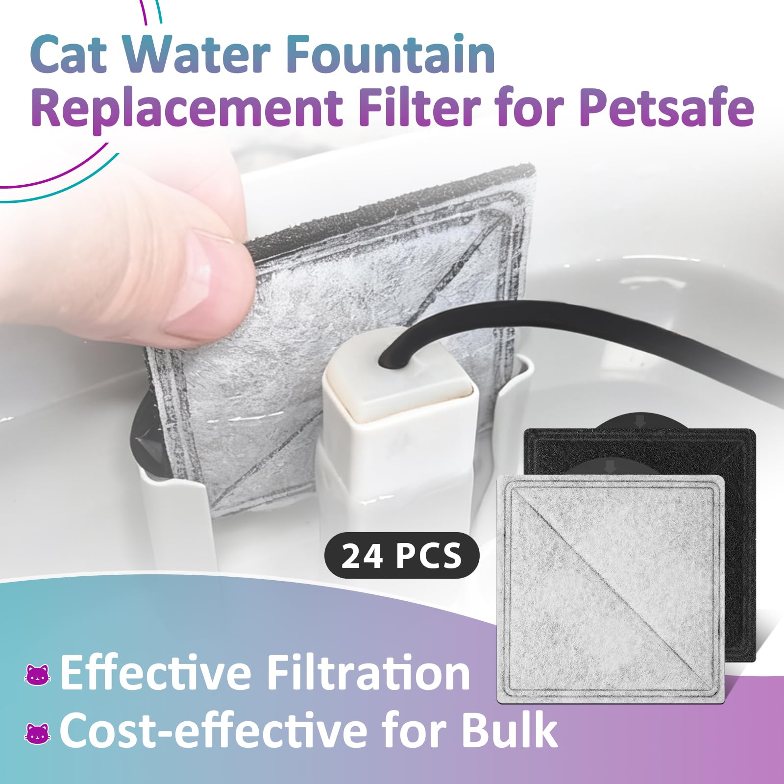 24 filtros de fuente de agua para gatos compatibles con Petsafe Premier | Compatible con fuente de agua Outlast Pumpless, Ion-X y Viva, doble filtración, cuadrada (negro)