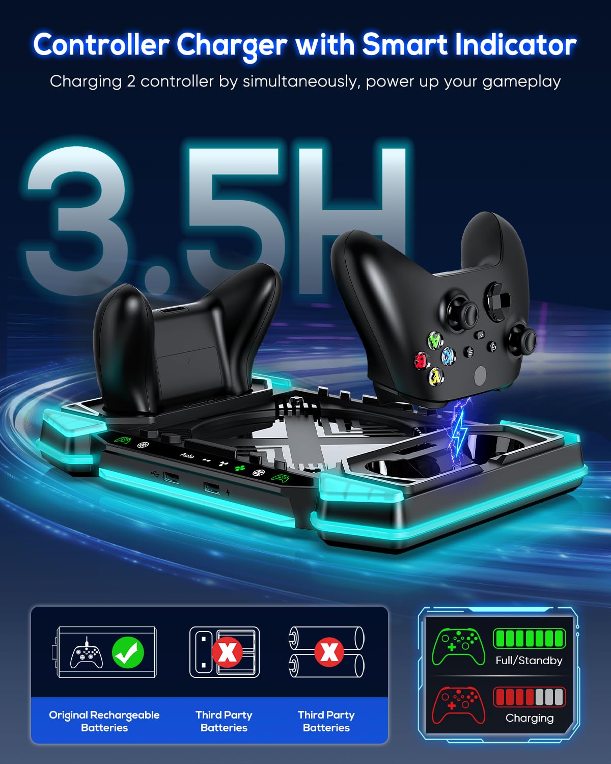 Sistema di raffreddamento automatico aggiornato e supporto di ricarica per console e controller Xbox Series X, accessori con 11 luci RGB e 2 batterie ricaricabili da 1400 mAh, supporto per cuffie e