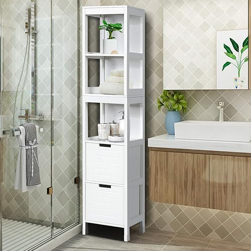 Miniatura 2 de Tangkula Gabinete de Almacenamiento Alto para Baño, Independiente de 57" de Alto Gabinete de Piso Delgado para Baño con Estantes Abiertos de 3