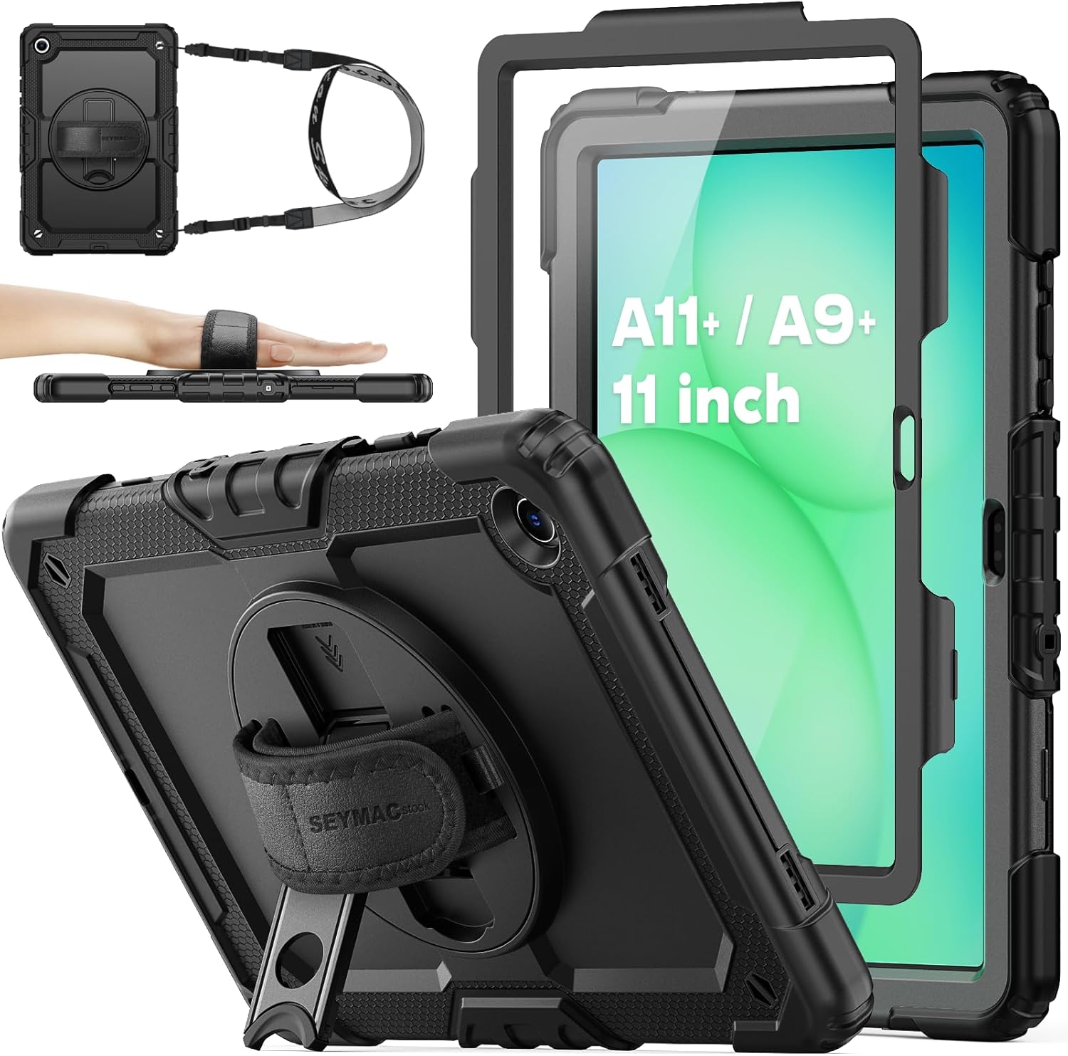 SEYMAC stock Case for Samsung Galaxy Tab A11+ Plus/A9+ Plus 11» 2025/2023, Heavy Duty Case with Screen Protector, Rotating Stand/Hand Strap and Pencil Holder, Black