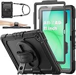 SEYMAC étui pour Samsung Galaxy Tab A11/A9 8.7'', étui de protection anti-goutte à corps complet avec porte-crayon protecteur d'écran [360° Bracelet à main tournante] &Stand, noir
