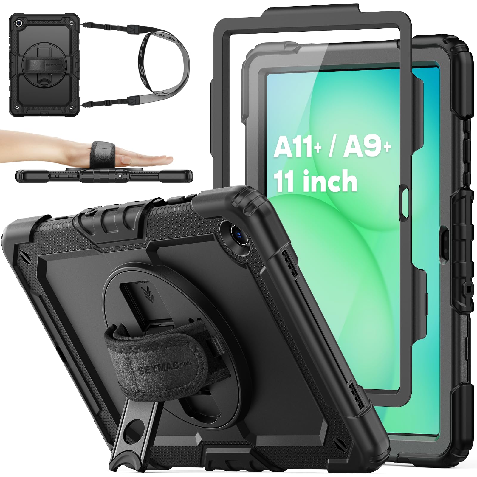 SEYMAC stock Coque pour Samsung Galaxy Tab A11+ Plus 11'' 2025/ A9+ Plus 11'' 2023, Coque Antichoc avec Protecteur D'écran Porte-Stylo [Dragonne Rotative à 360] et Support, Noir