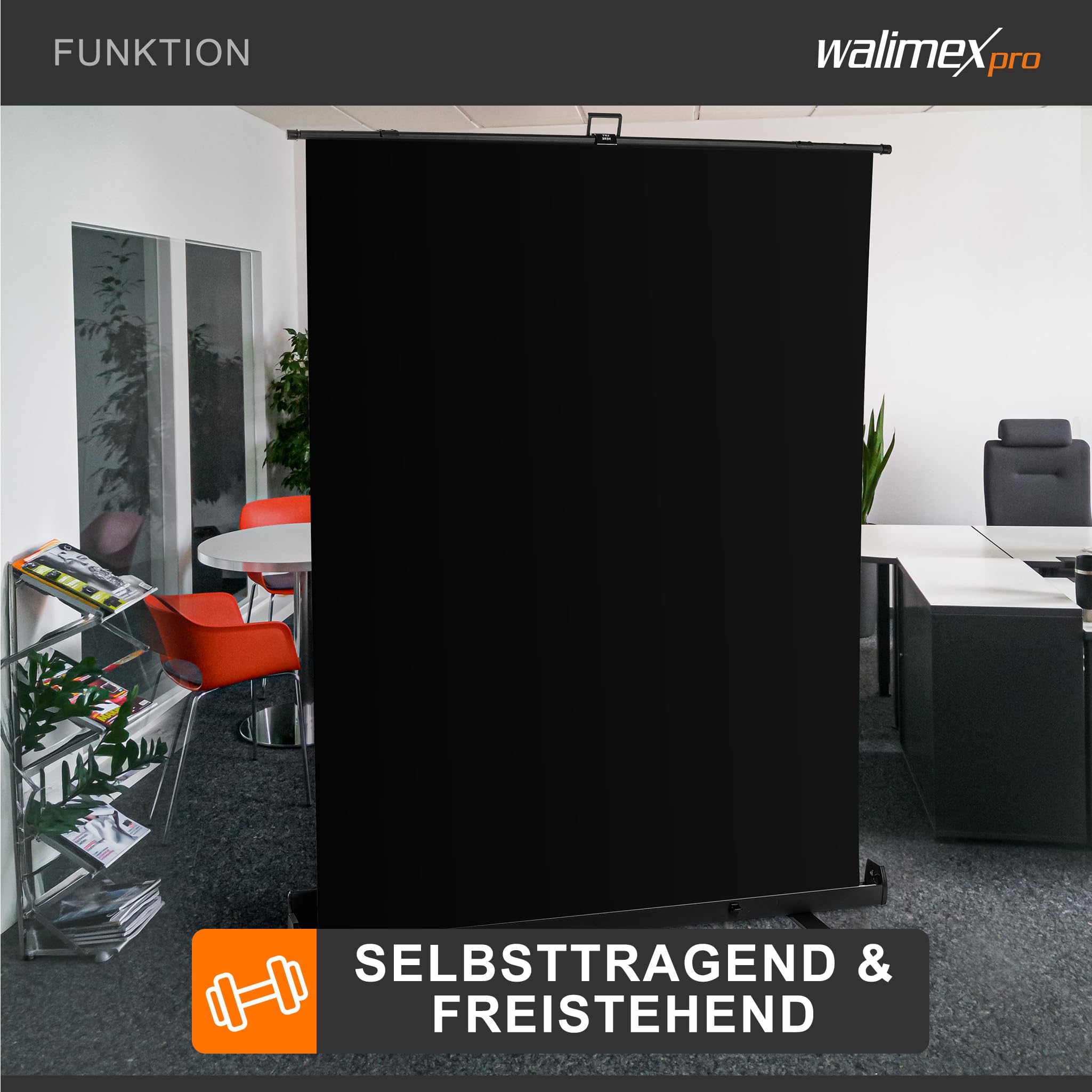 Walimex pro Roll-up Panel Hintergrund schwarz 155 x 200 cm, Fotohintergrund mit Transportbox, Hintergrundsystem für Fotostudio, knitterfreie Fotoleinwand ideal für Low-Key-Fotografie und Portraits